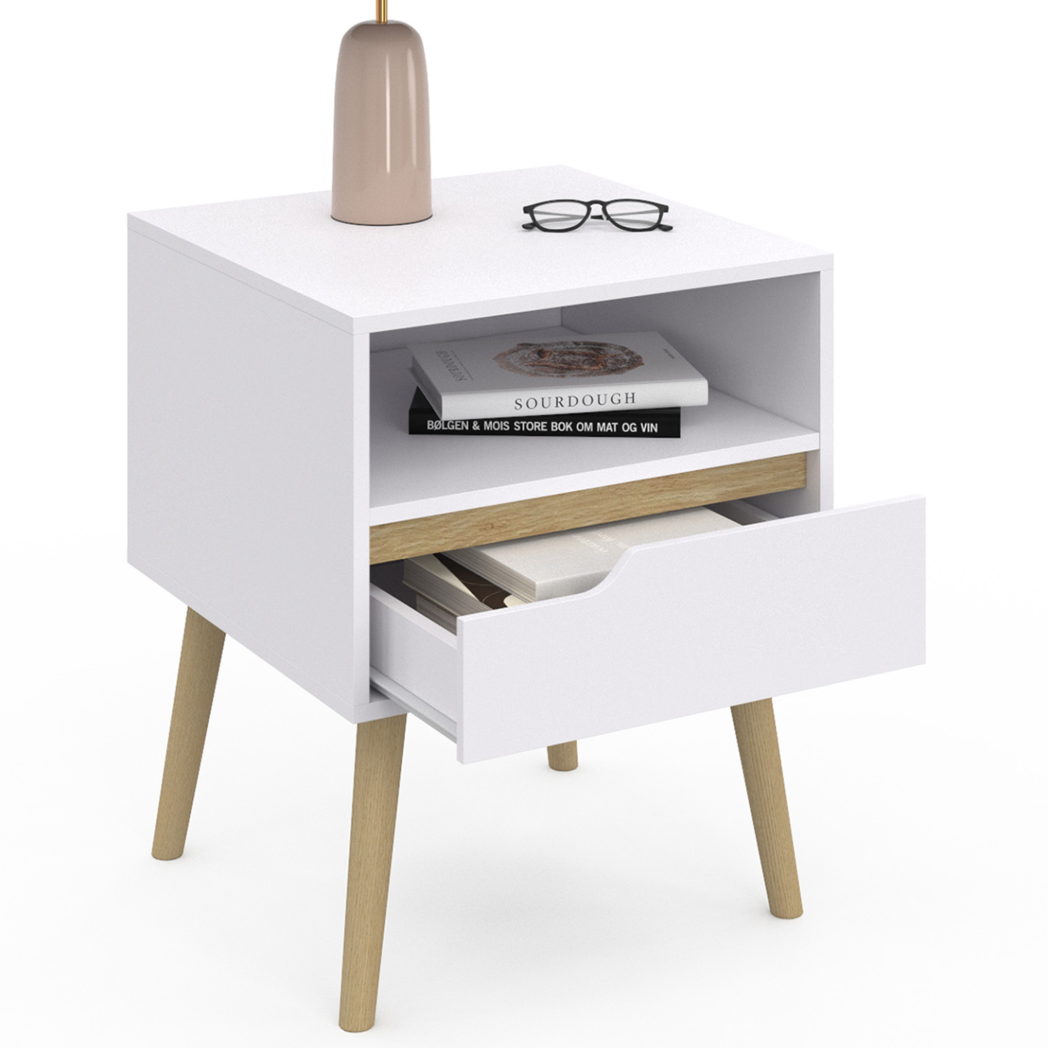 Voir la diapositive 4 : ID MARKET Lot de 2 tables de chevet HELSINKI scandinaves 1 tiroir avec niche blanc
