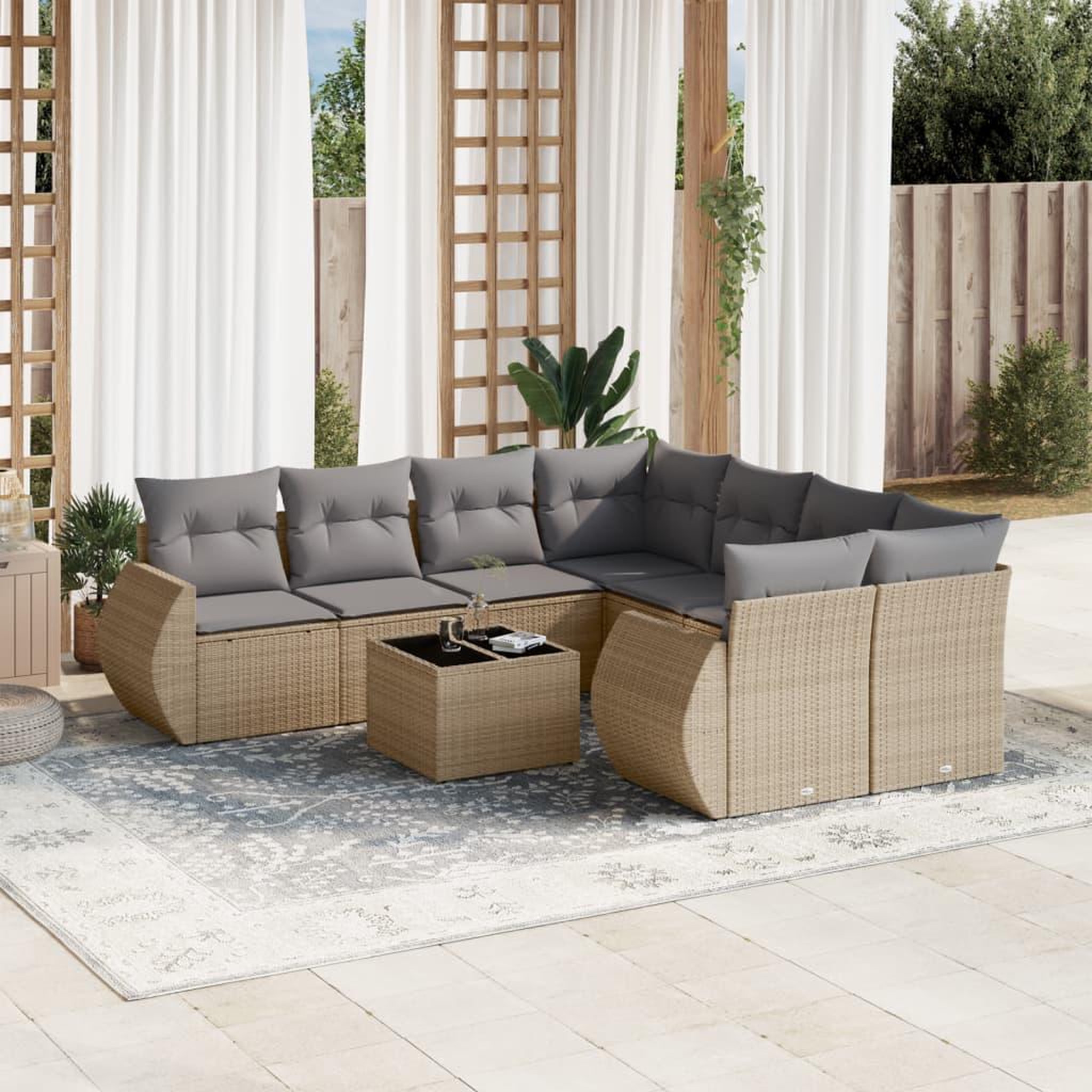 VIDAXL Salon de jardin avec coussins 9 pcs beige resine tressee