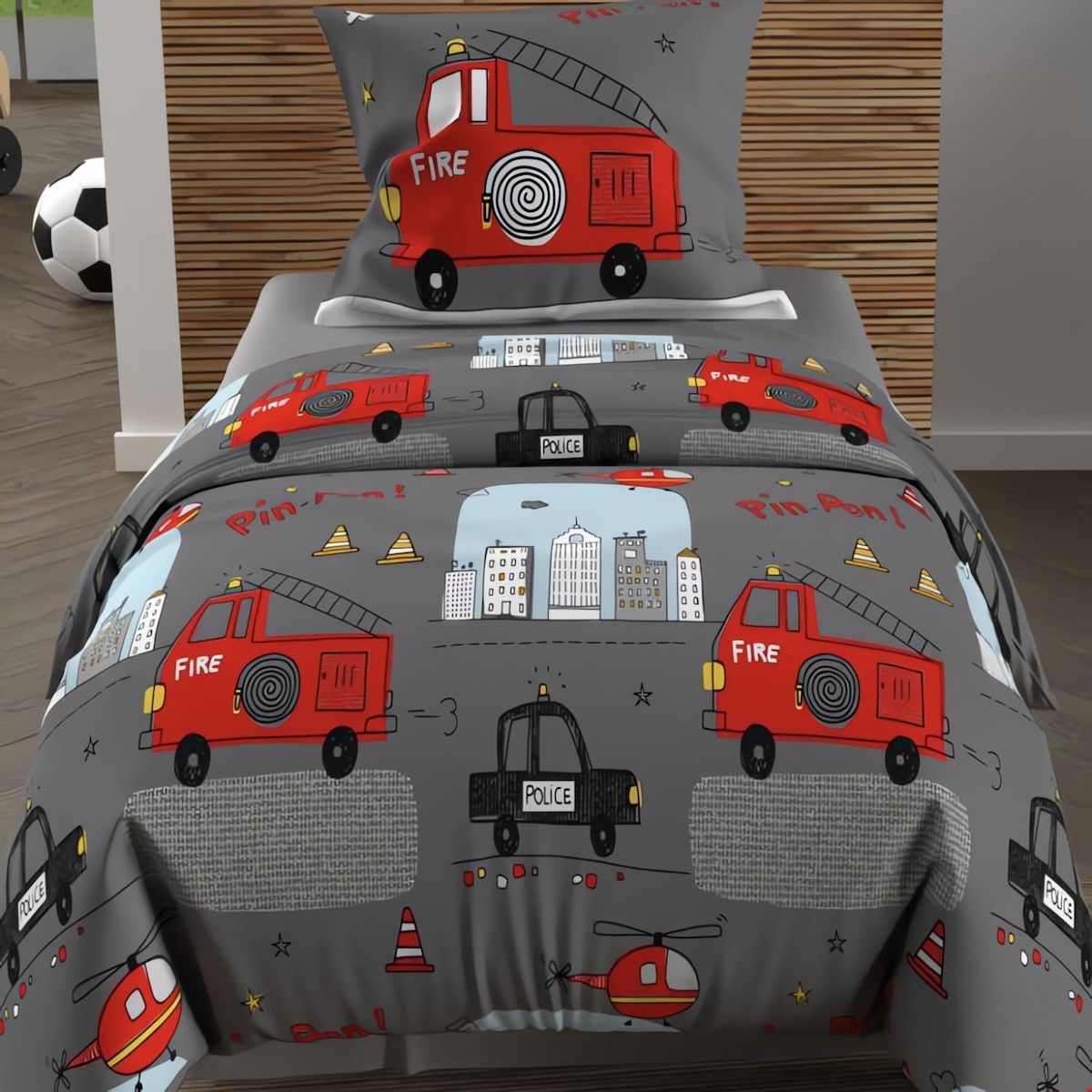 SOLEIL D'OCRE Parure housse de couette 120x150 cm POMPIERS gris, 100% coton 57 fils/cm2, par Soleil d'Ocre