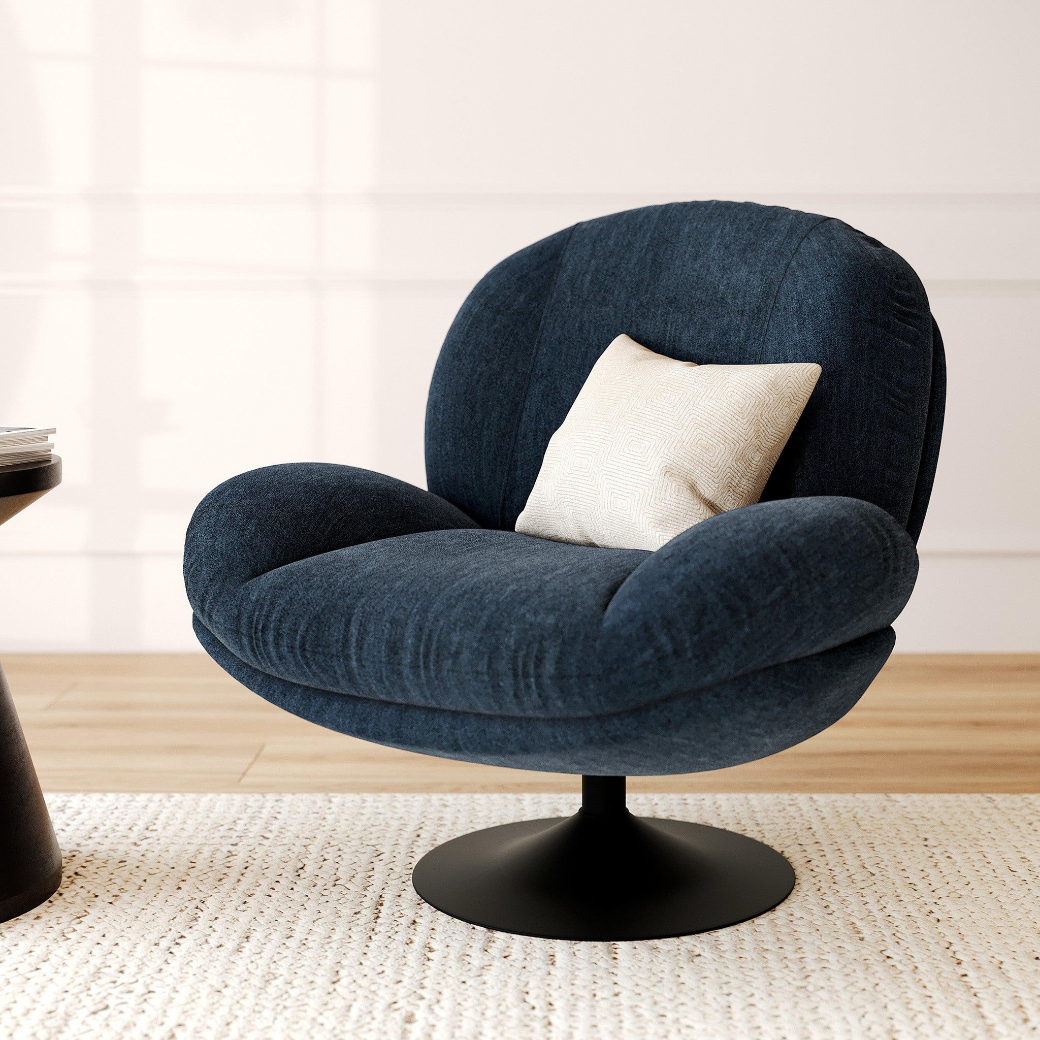 Voir la diapositive 2 : MAISON PAVANE Fauteuil pivotant en tissu effet velours bleu nuit-ricci