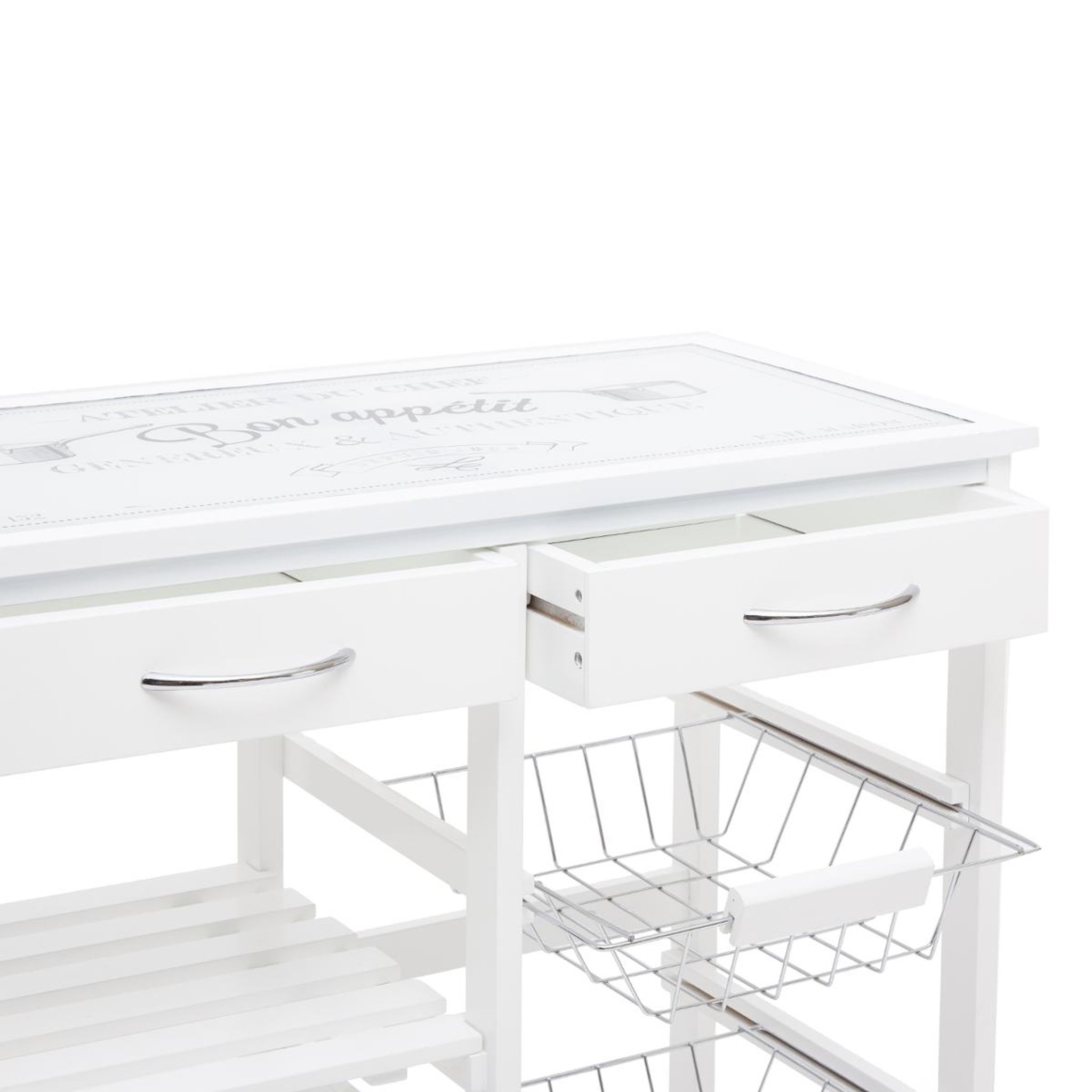 Voir la diapositive 4 : Desserte de cuisine sur roulettes en bois blanc et plateau en verre - 67 cm x 35 cm x H 81 cm