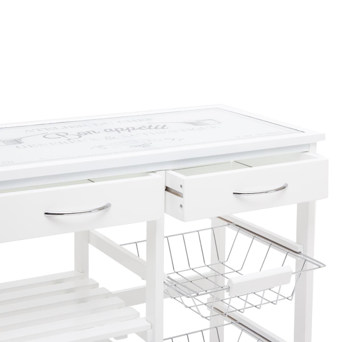 Desserte de cuisine sur roulettes en bois blanc et plateau en verre - 67 cm x 35 cm x H 81 cm