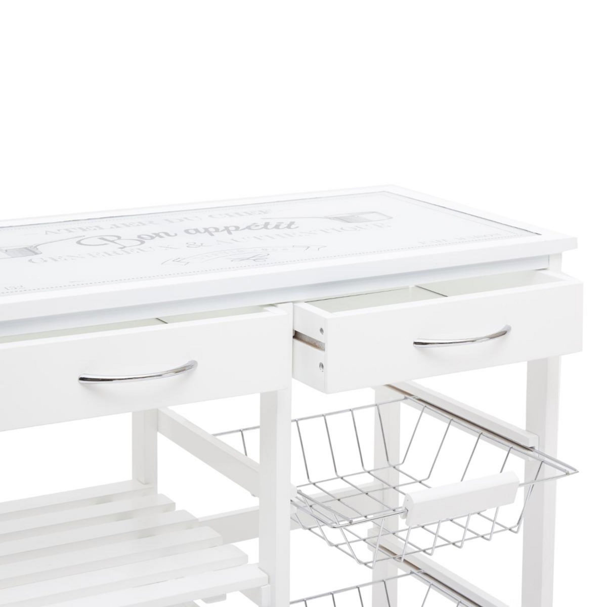 Desserte de cuisine sur roulettes en bois blanc et plateau en verre - 67 cm x 35 cm x H 81 cm