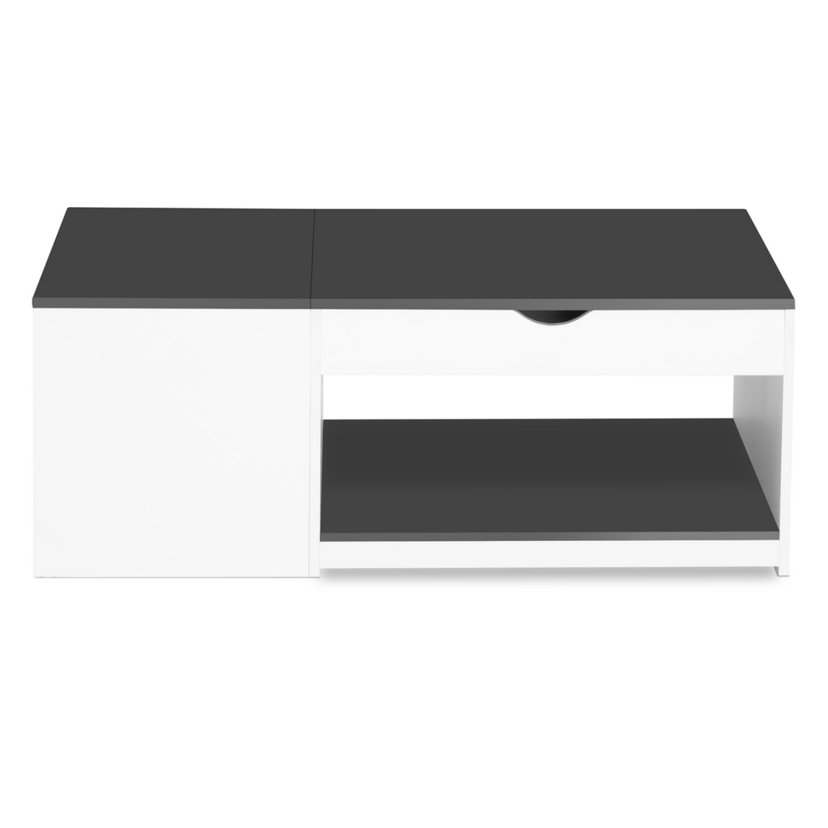 ID MARKET Table basse 2 plateaux relevables EYLA avec coffre bois blanc et gris