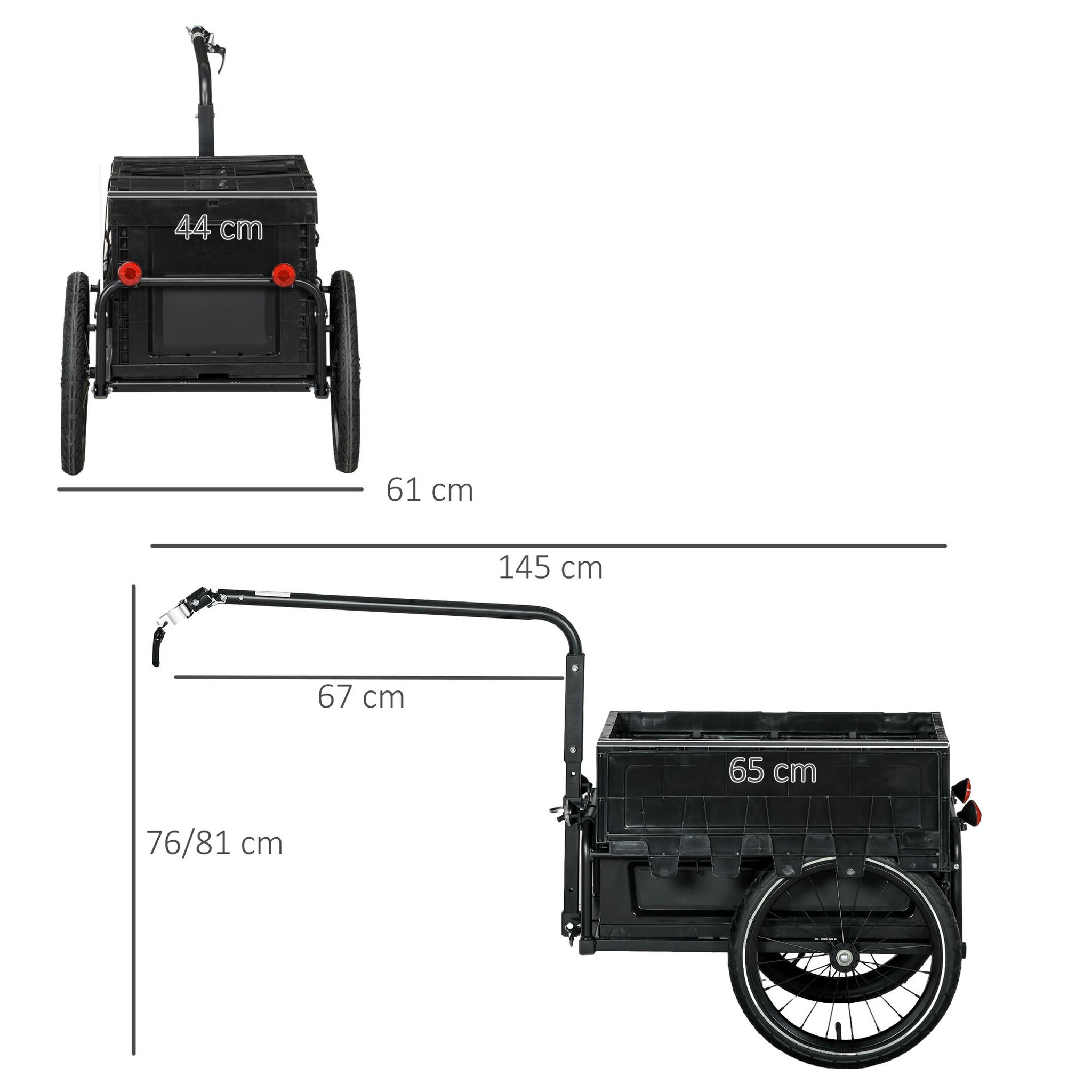 Voir la diapositive 3 : HOMCOM Remorque vélo cargo - coffre pliable amovible 65l - réflecteurs, drapeau - pneus 16'' acier pp noir