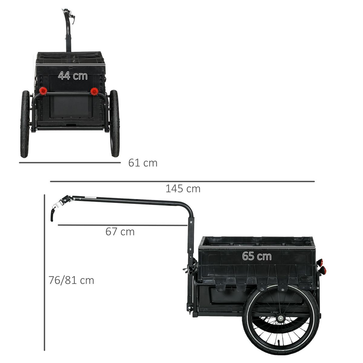 HOMCOM Remorque vélo cargo - coffre pliable amovible 65L - réflecteurs, drapeau - pneus 16'' acier PP noir