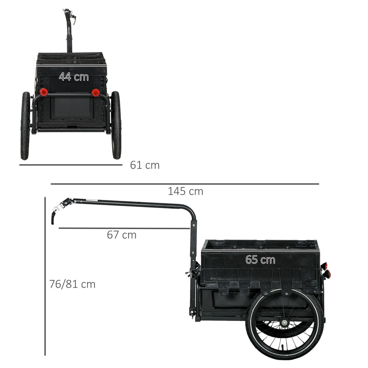HOMCOM Remorque vélo cargo - coffre pliable amovible 65L - réflecteurs, drapeau - pneus 16'' acier PP noir