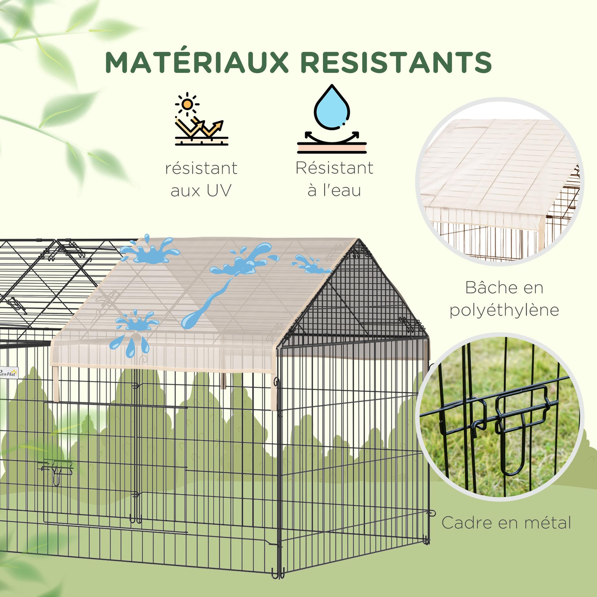 Voir la diapositive 4 : PAWHUT Parc enclos métal époxy cage extérieure dim. 2,20l x 1,03l x 1,03h m 3 portes et trappe surface abrité pe beige