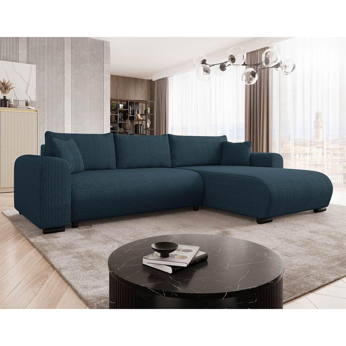 BEST MOBILIER Rosalie - canapé d'angle réversible 4 places convertible avec coffre en velours côtelé