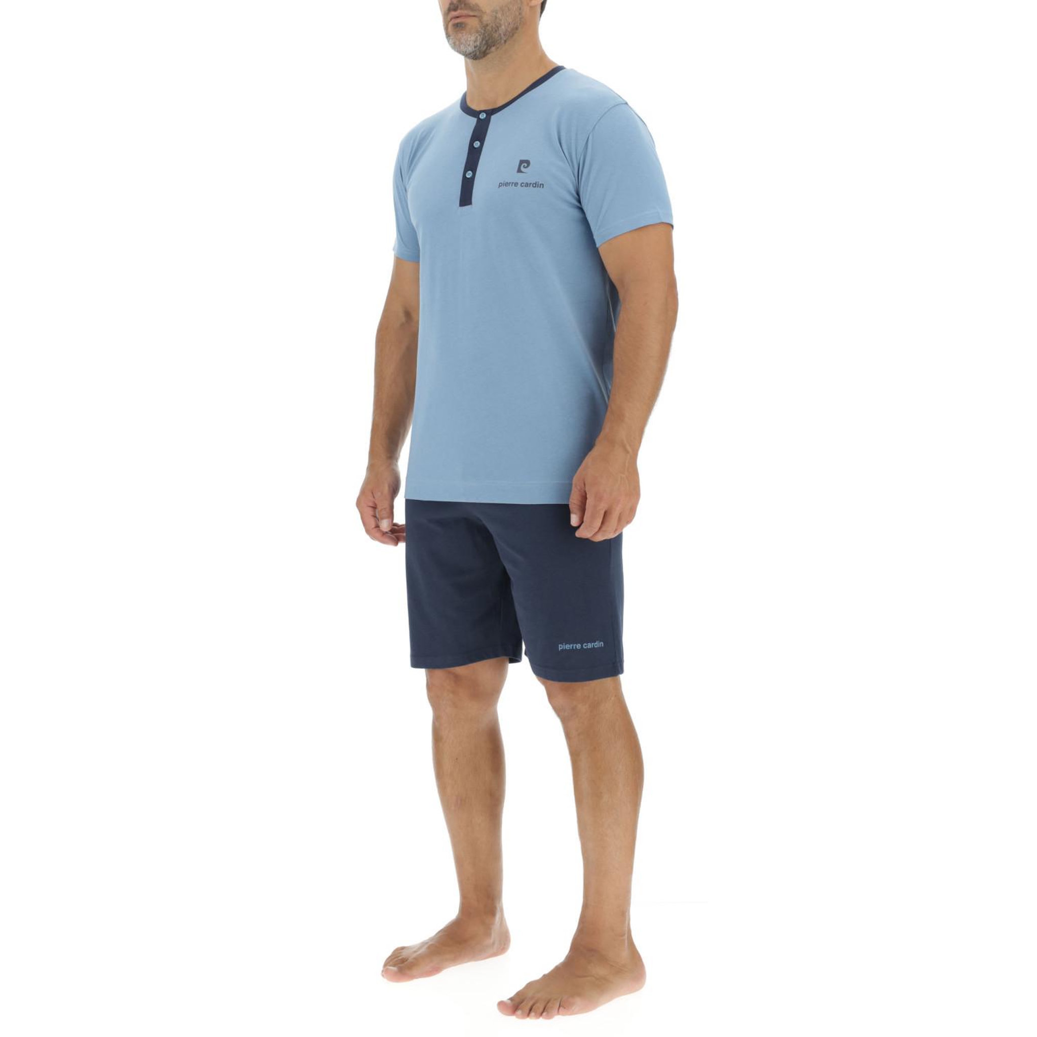 Voir la diapositive 3 : PIERRE CARDIN Ensemble Pyjama court homme en coton uni col boutonné & Logo poitrine