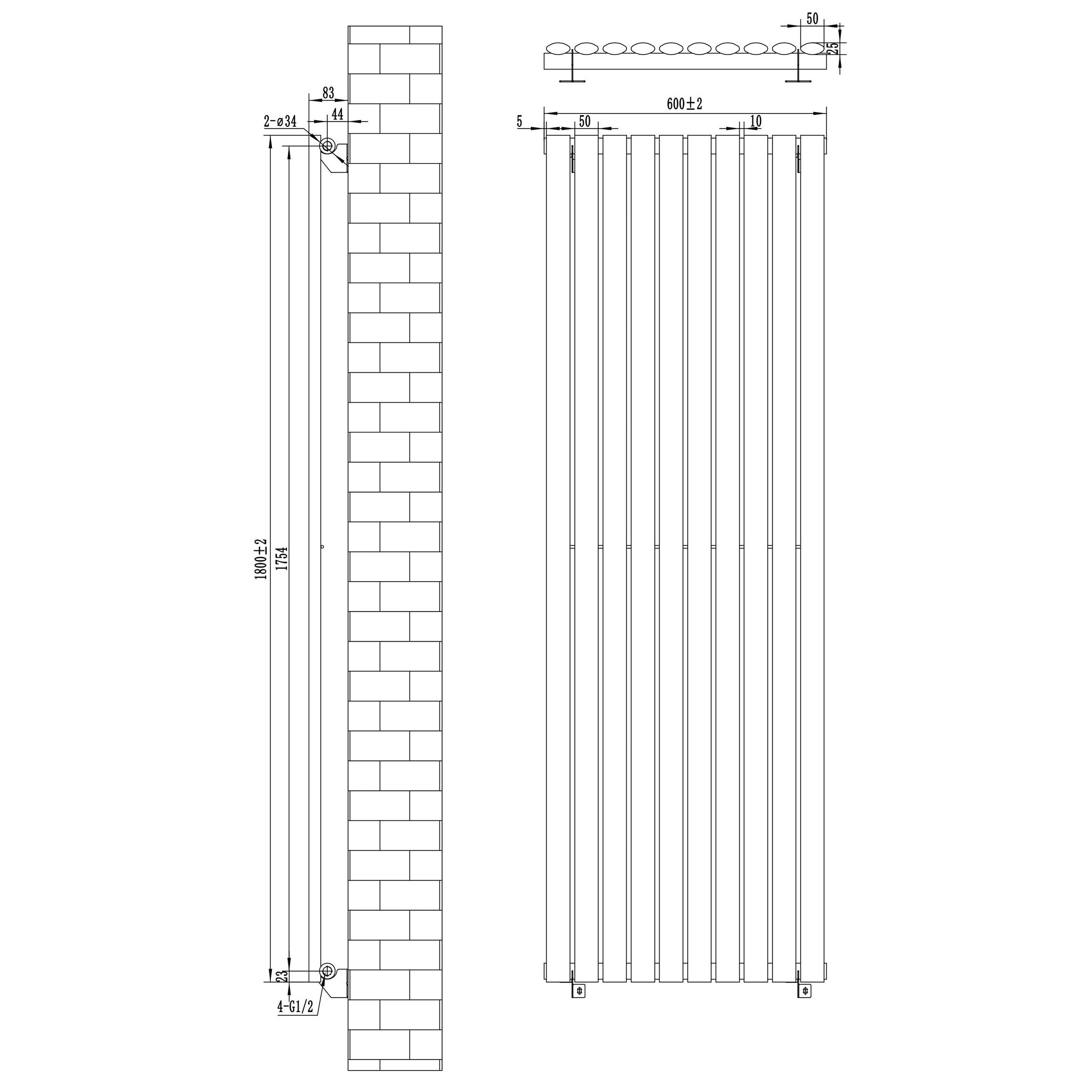 Voir la diapositive 5 : MONSTERSHOP Radiateur à colonnes ovales & vannes, 1 panneau - 1800 x 600 mm