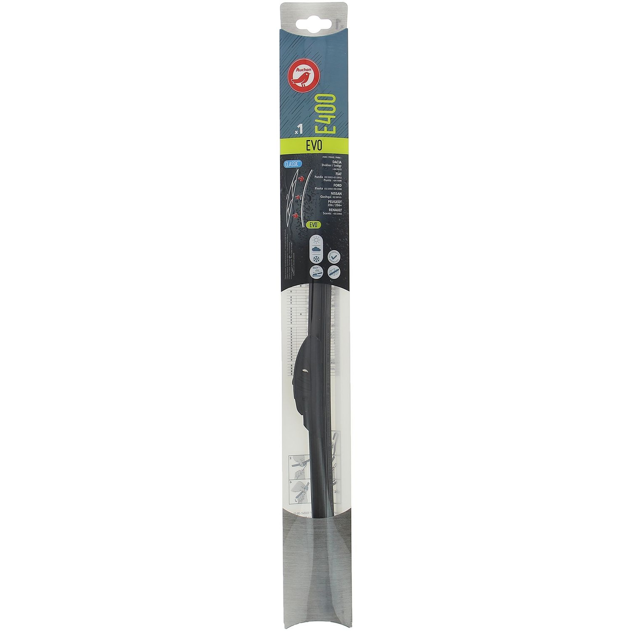 Voir la diapositive 2 : AUCHAN Balai d'essuie-glace EVO E400 40cm pour DACIA FIAT FORD NISSAN PEUGEOT RENAULT