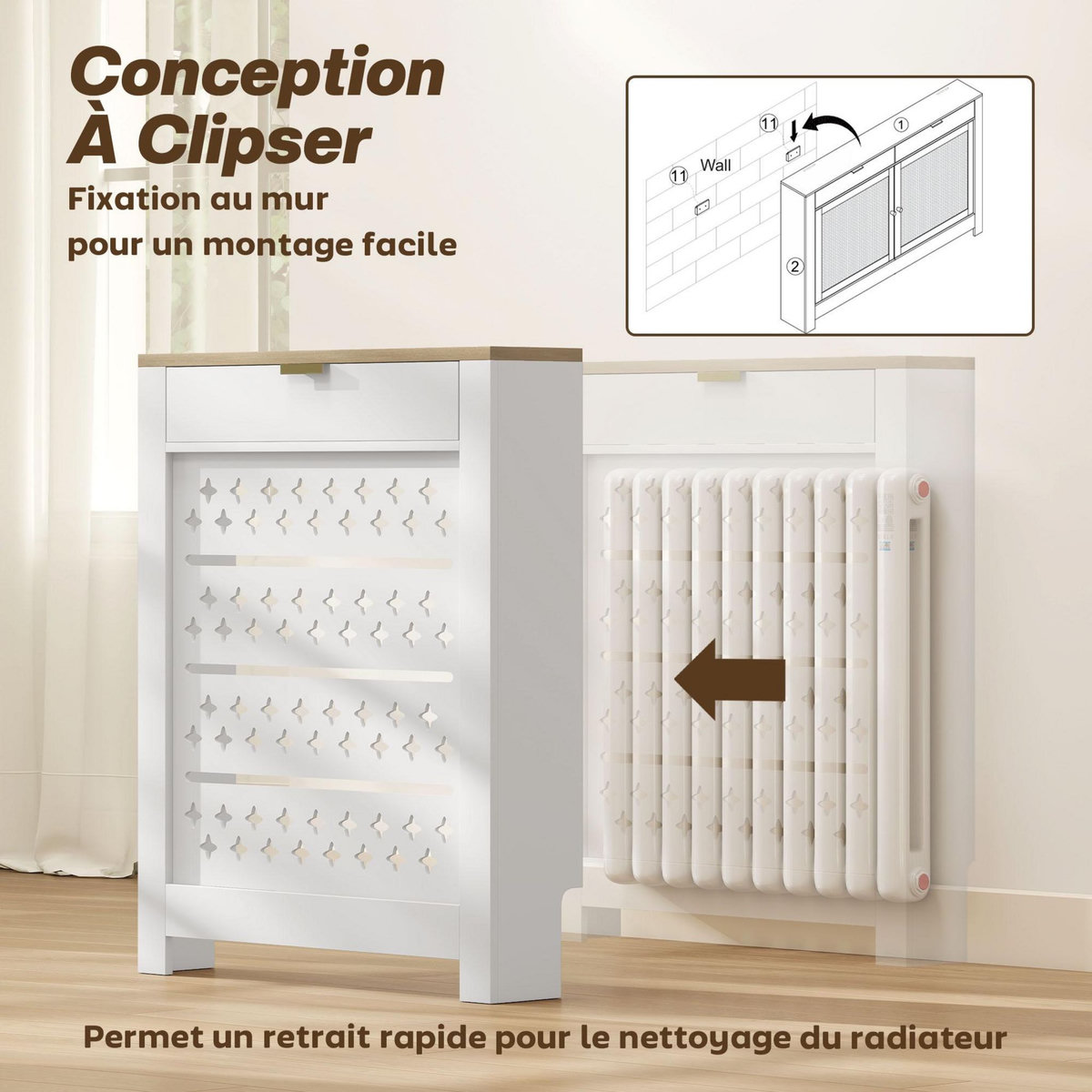 HOMCOM Cache-radiateur design motif étoile 1 porte dim. 78 x 19 x 95 cm doré effet bois blanc