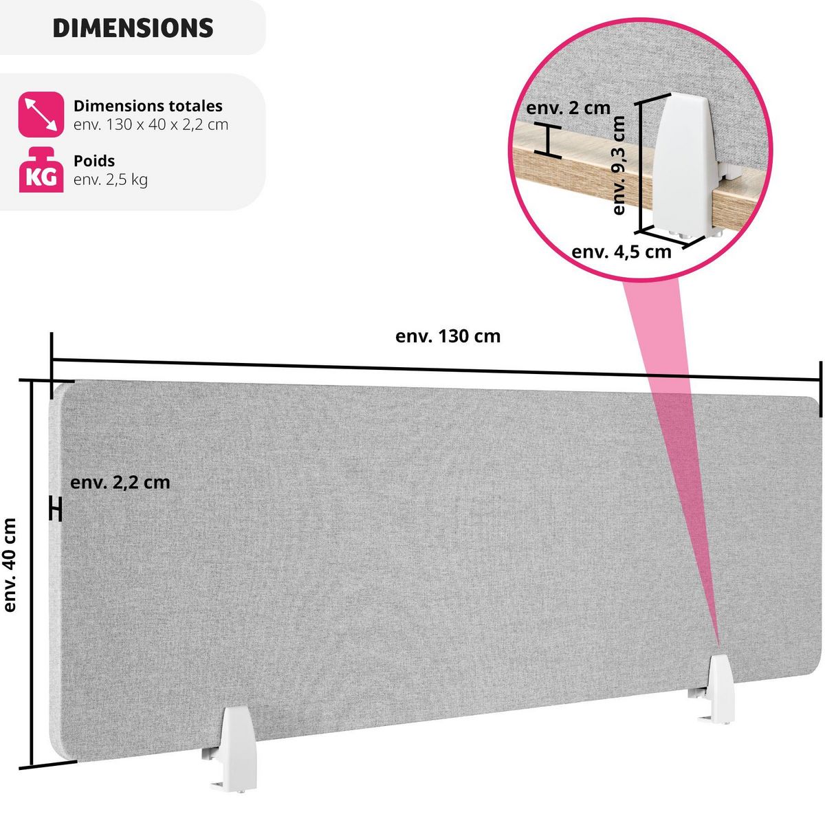 tectake Cloison de bureau Noisy avec coins arrondis avec noyau en PET absorbant le bruit