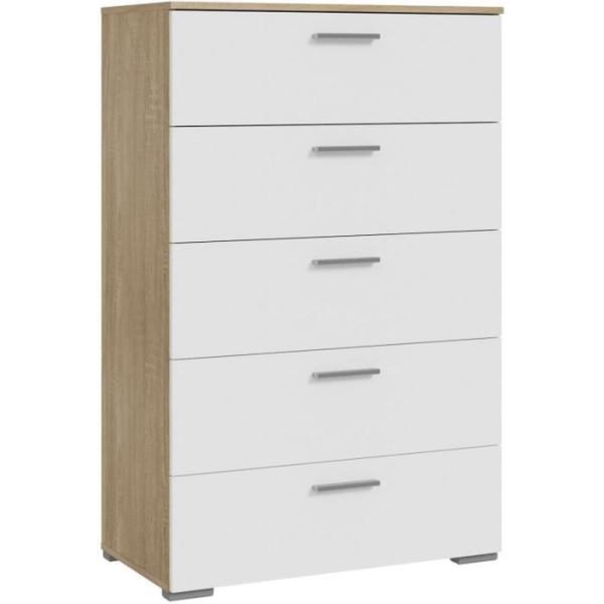 Voir la diapositive 1 : MARKET24 Commode BASJANA - 5 tiroirs - Décor chene sonoma et blanc mat - L80,2 x P41,3 x H123,8 cm