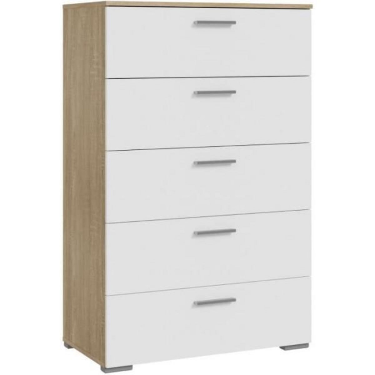 MARKET24 Commode BASJANA - 5 tiroirs - Décor chene sonoma et blanc mat - L80,2 x P41,3 x H123,8 cm