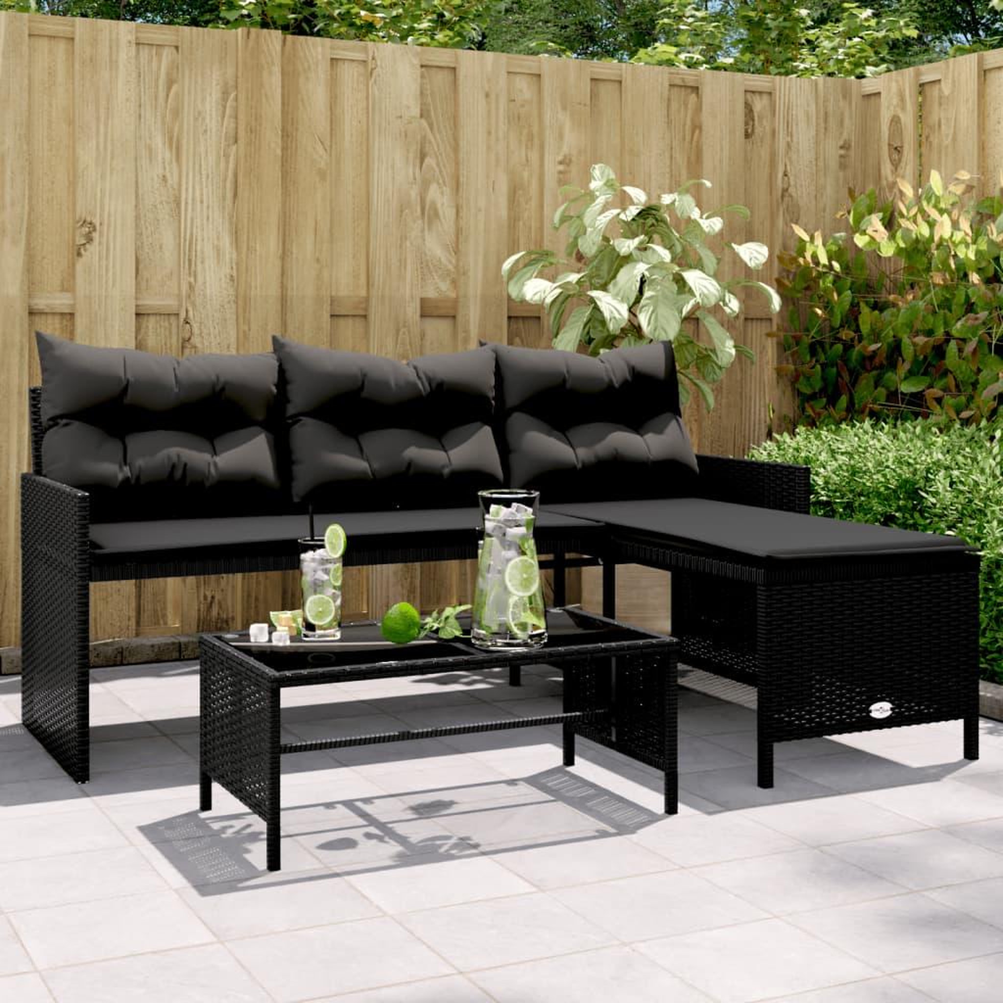 VIDAXL Canape de jardin avec table et coussins en forme de L noir