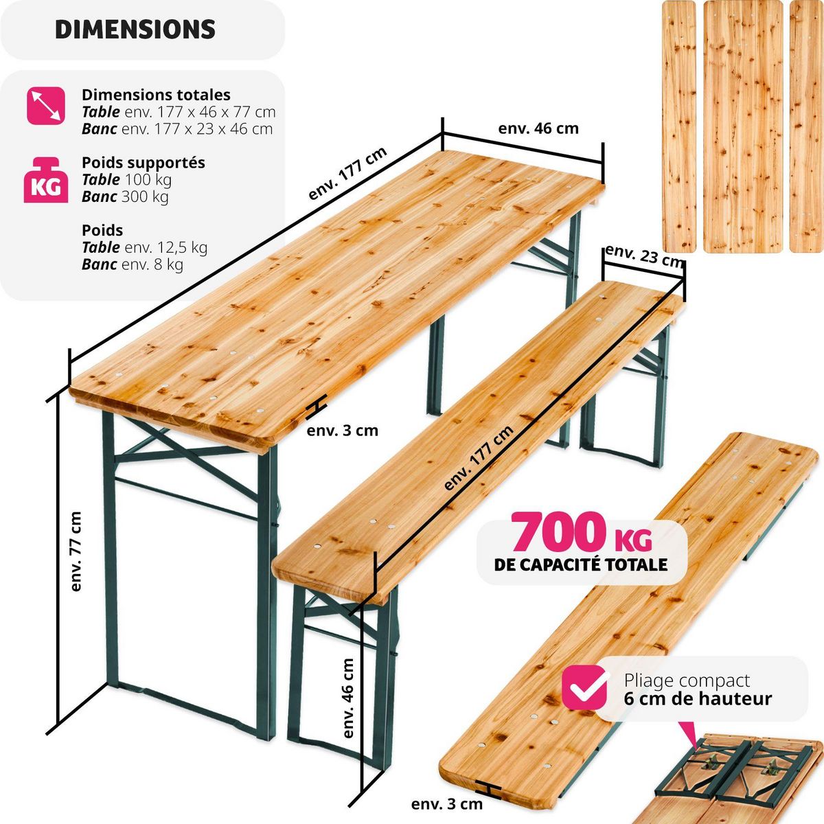 tectake Table de jardin pliante avec bancs marron