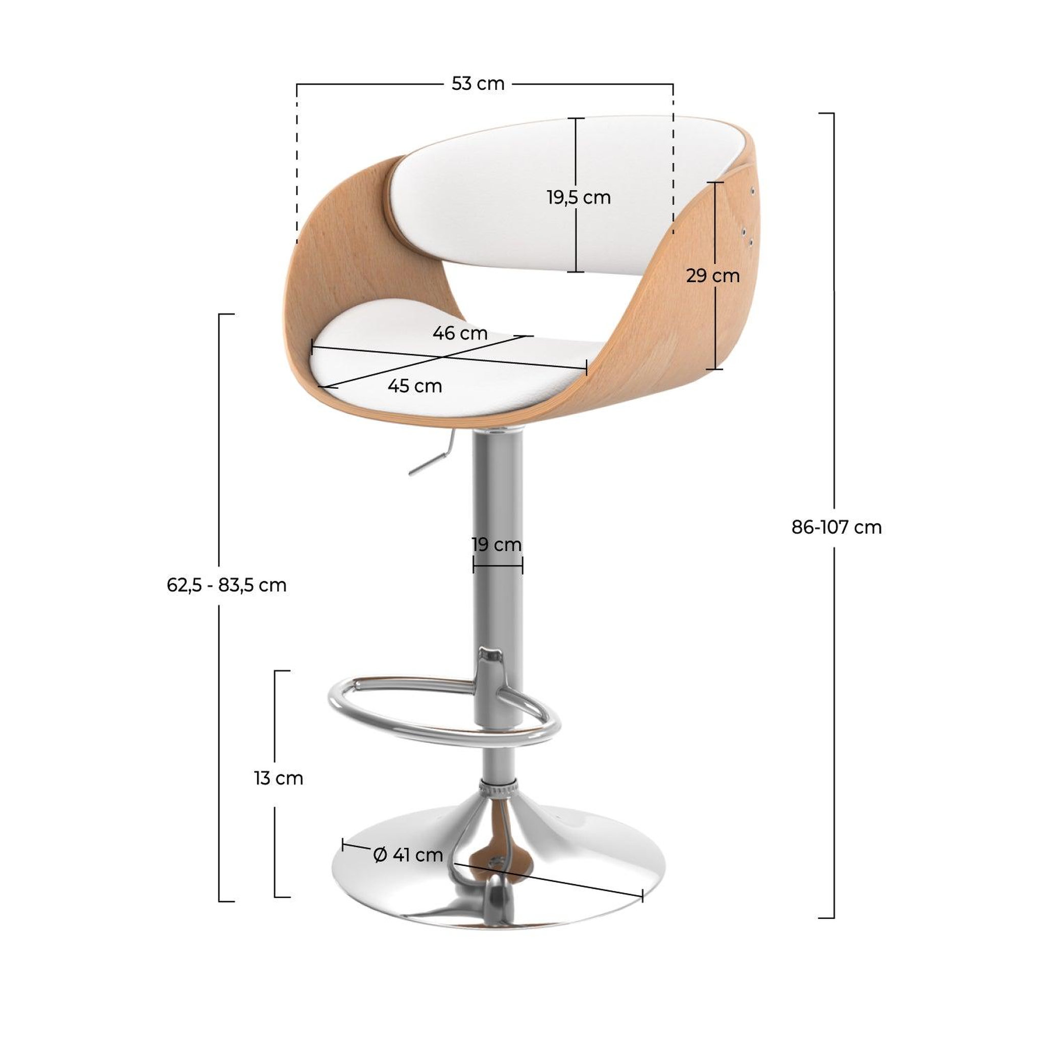 Voir la diapositive 4 : MAISON PAVANE Chaise de bar réglable en cuir synthétique blanc 62,5/83,5 cm-adelmar
