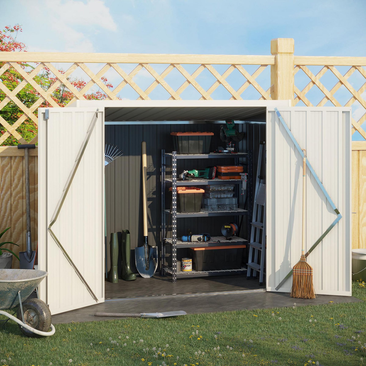 OUTSUNNY Abri de jardin - remise pour outils - cabanon portes verrouillables - dim. 147L x 86l x 134H cm - tôle d'acier gris blanc