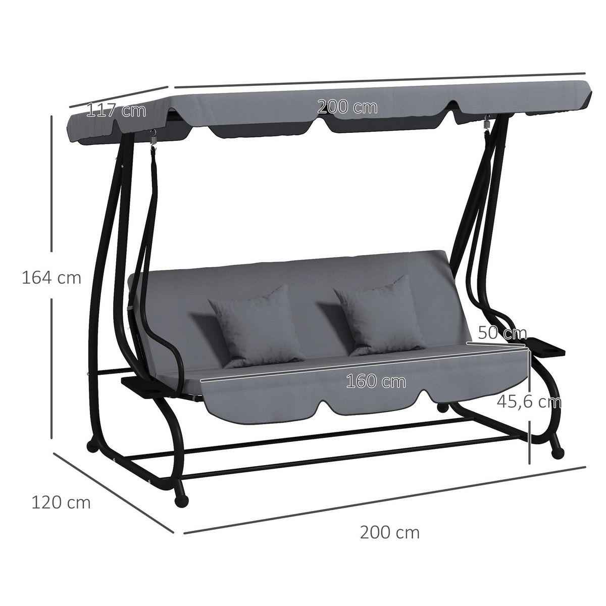 OUTSUNNY Balancelle de jardin convertible 3 places inclinaison toit réglable 2 tablettes + matelas 2L x 1,2l x 1,64H m métal époxy noir polyester gris