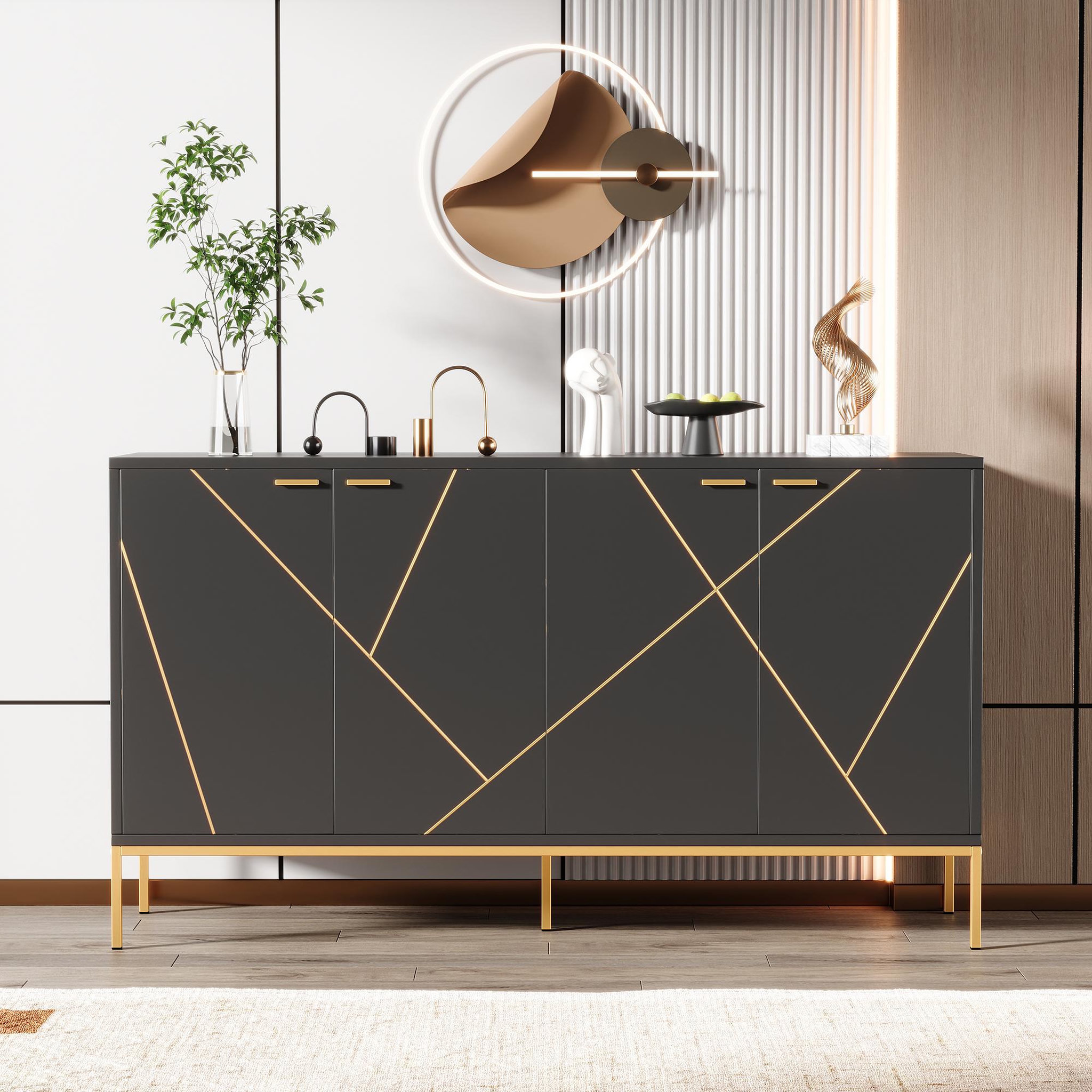 Voir la diapositive 4 : MERAX Buffet 4 portes 0 tiroir - 150cm noir panneaux de particules