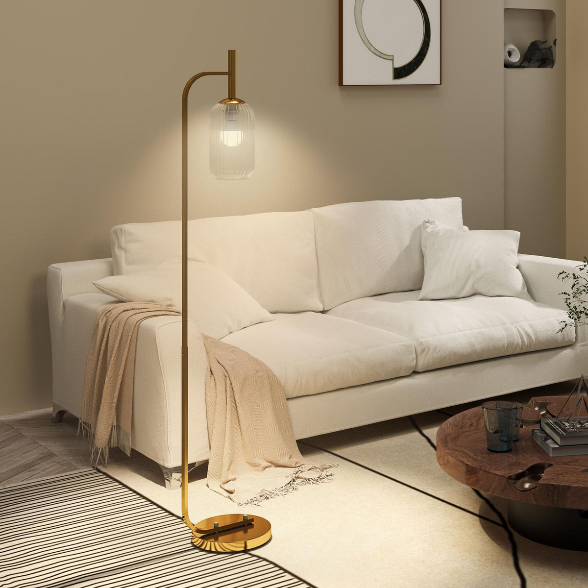 HOMCOM Lampadaire sur pied style rétro H.153 cm piètement mât métal doré abat-jour verre texturé