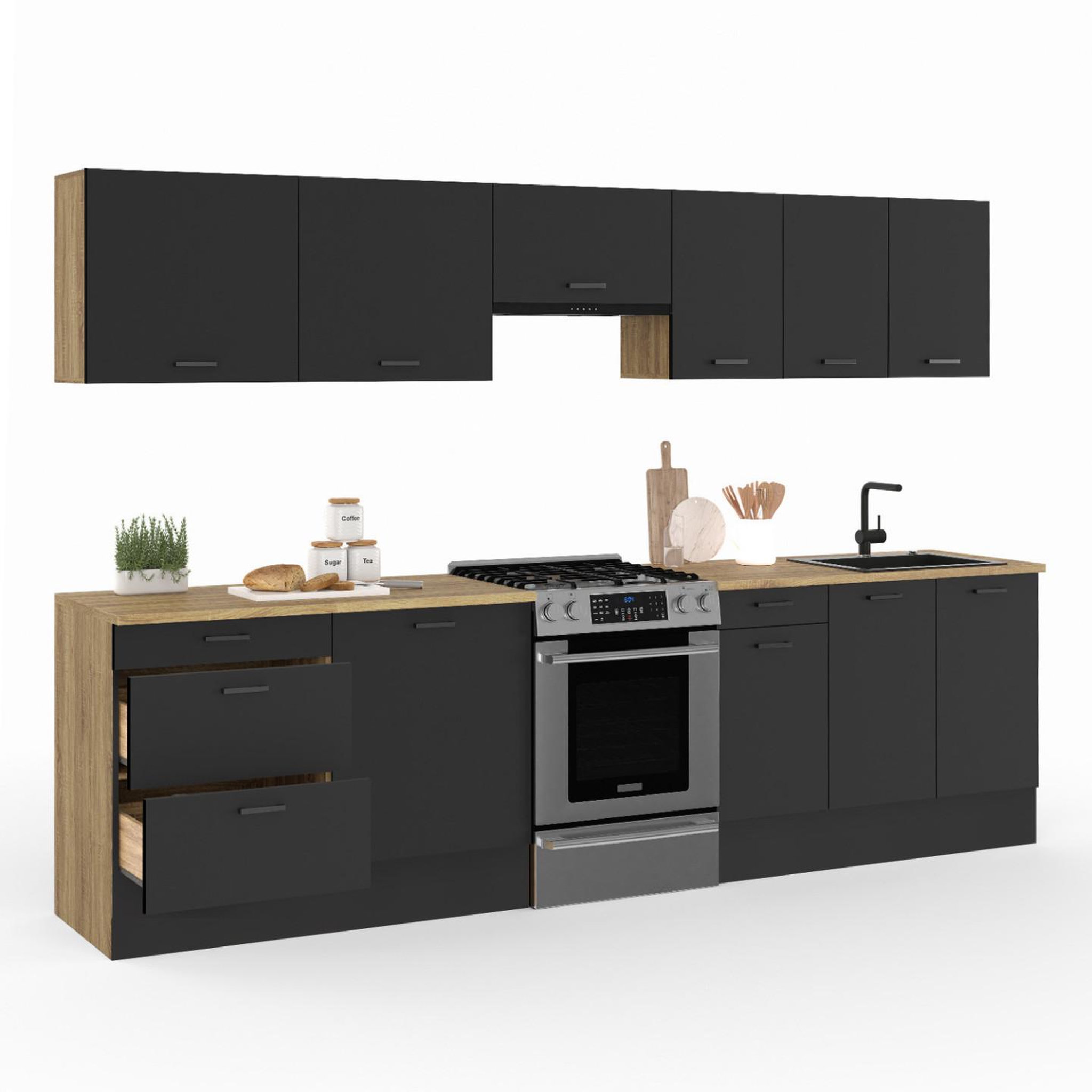 ID MARKET Cuisine complète casserolier 300 cm subtil avec plan de travail 9 éléments bois et noir