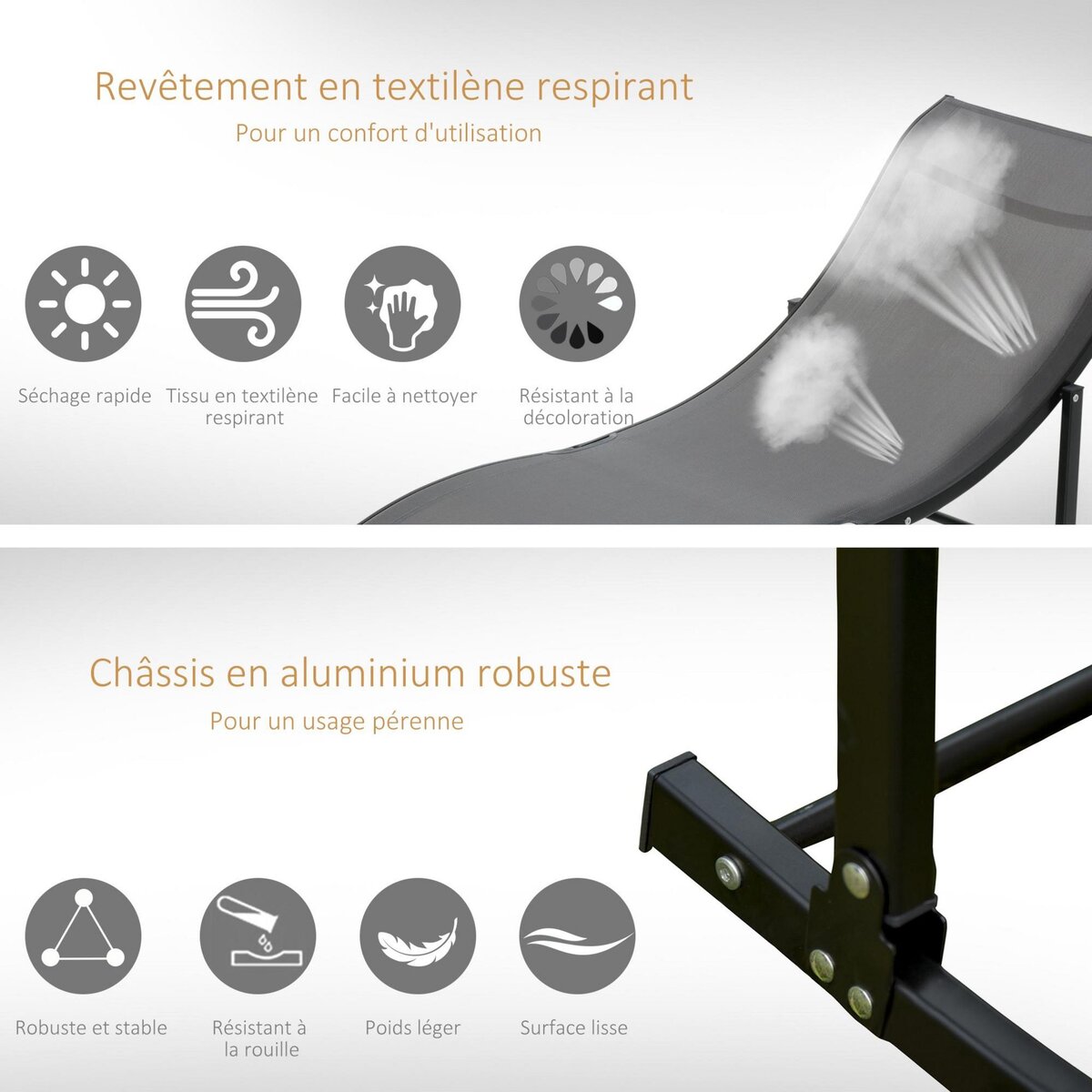 OUTSUNNY Lot de 2 bains de soleil pliables design contemporain - lot de 2 transats ergonomiques - alu. textilène anthracite