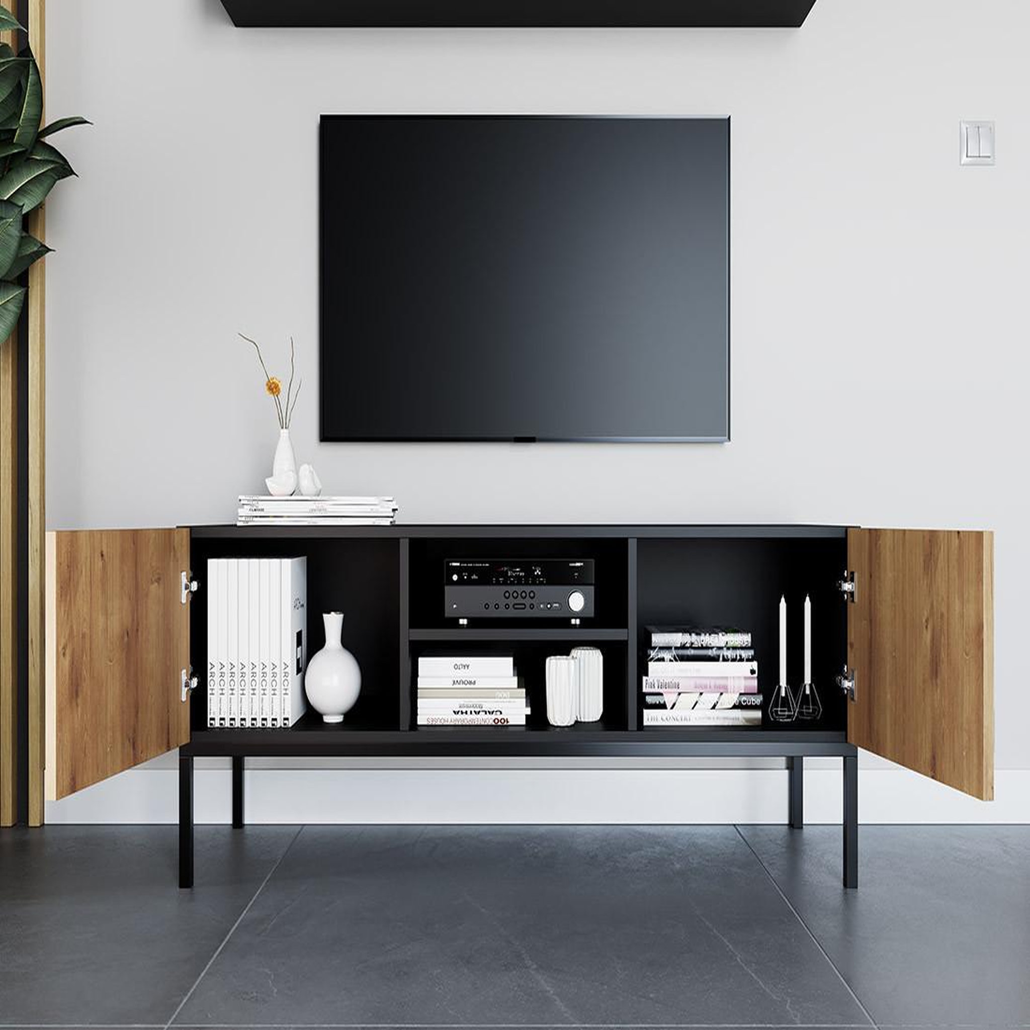 Voir la diapositive 3 : BEST MOBILIER Felicia - meuble tv - effet bois et noir - 2 portes et 2 niches - 120 cm