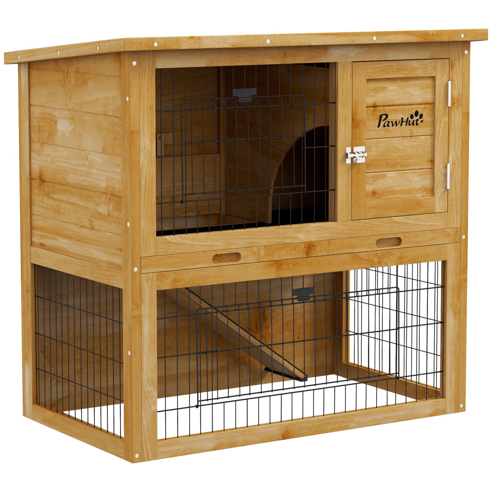 PAWHUT Clapier à lapin cage à lapin 2 étages 3 portes verrouillables bois pré-huilé