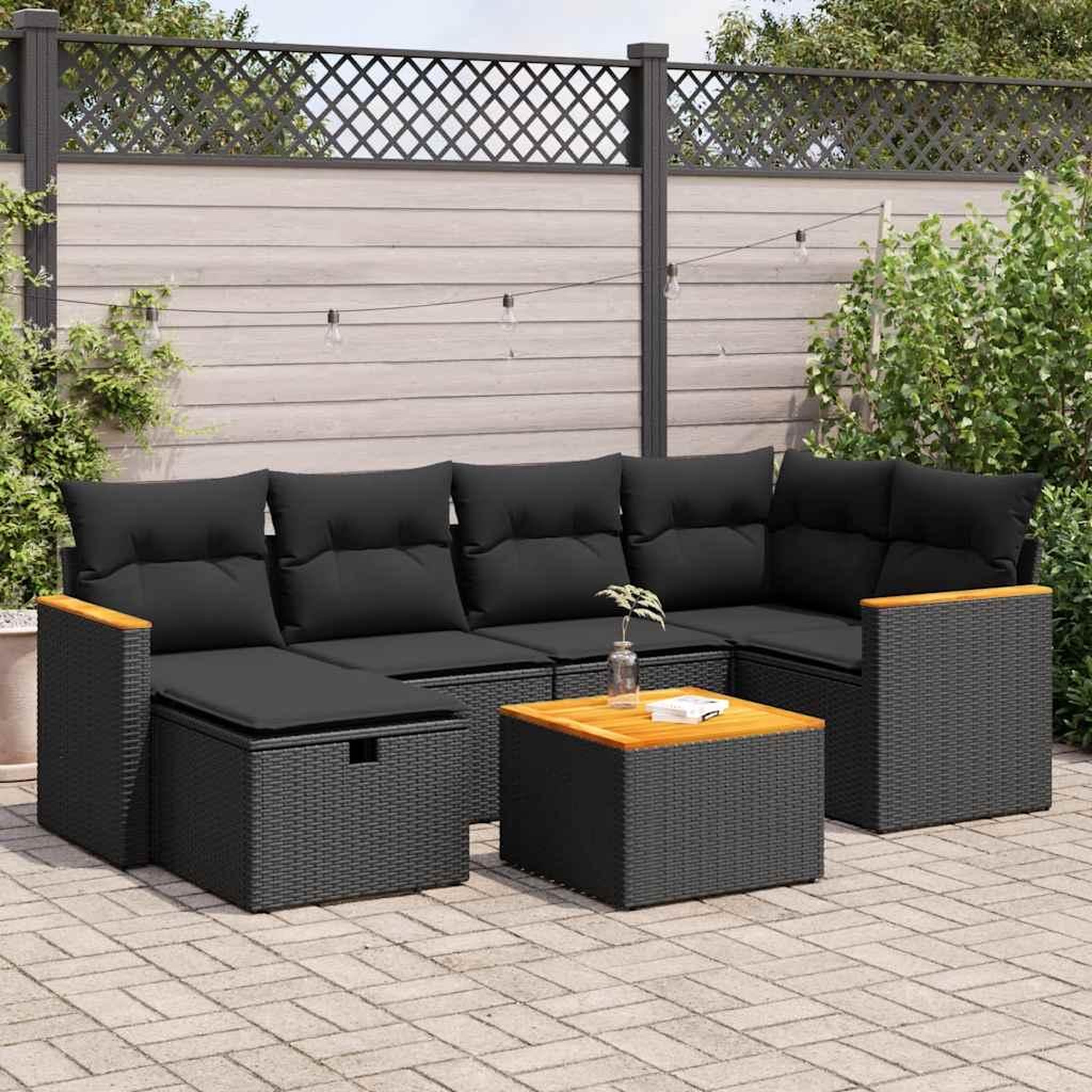 VIDAXL Salon de jardin 7 pcs avec coussins noir resine tressee