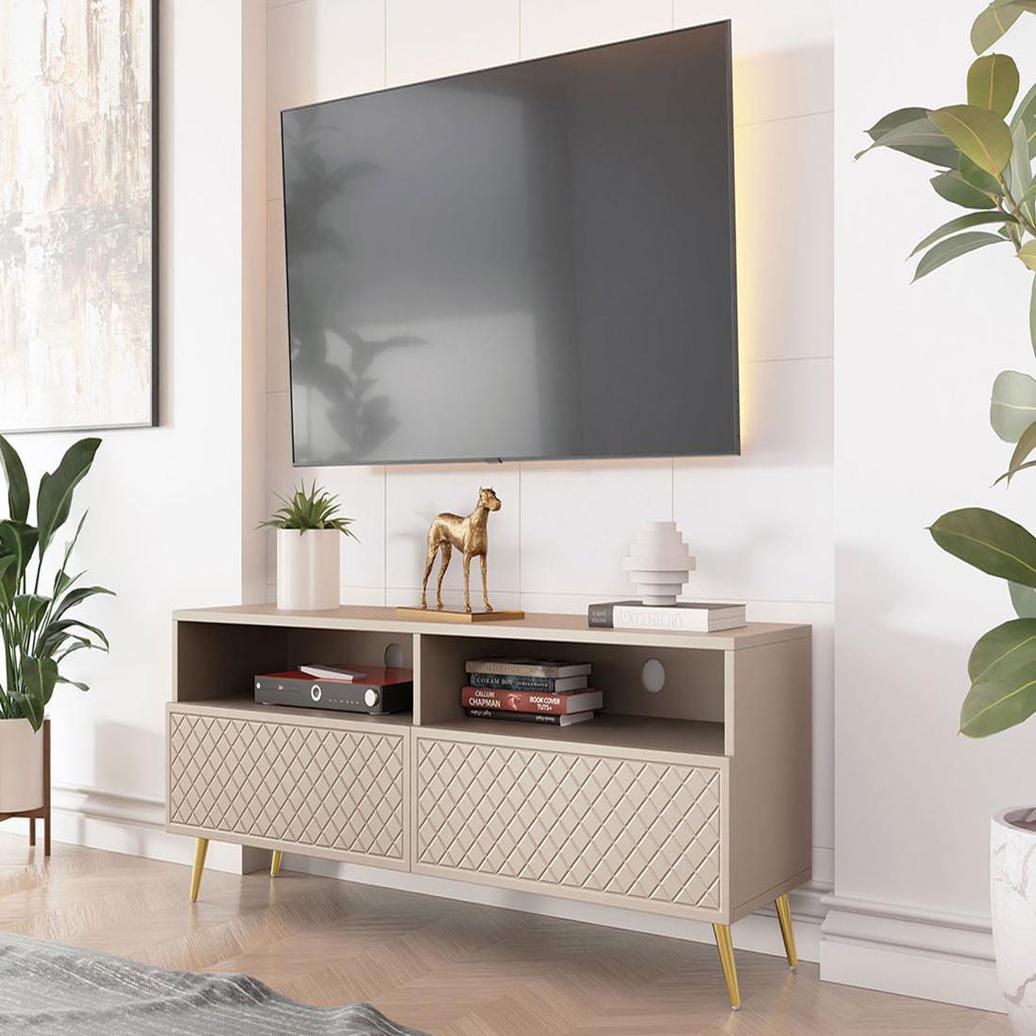 Voir la diapositive 3 : BEST MOBILIER Sorolla - meuble tv - 2 tiroirs et 2 niches - 150 cm
