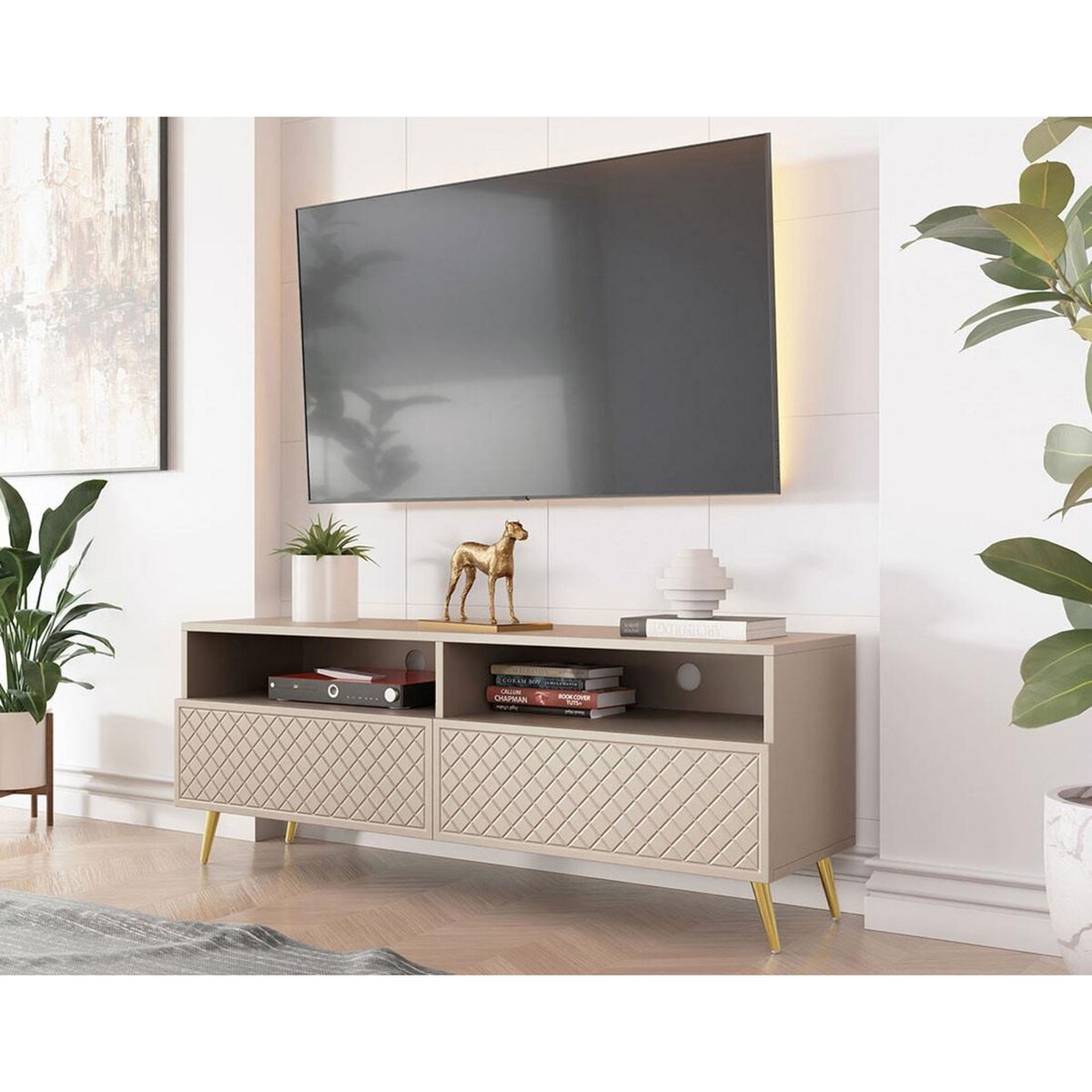 BEST MOBILIER Sorolla - meuble tv - 2 tiroirs et 2 niches - 150 cm
