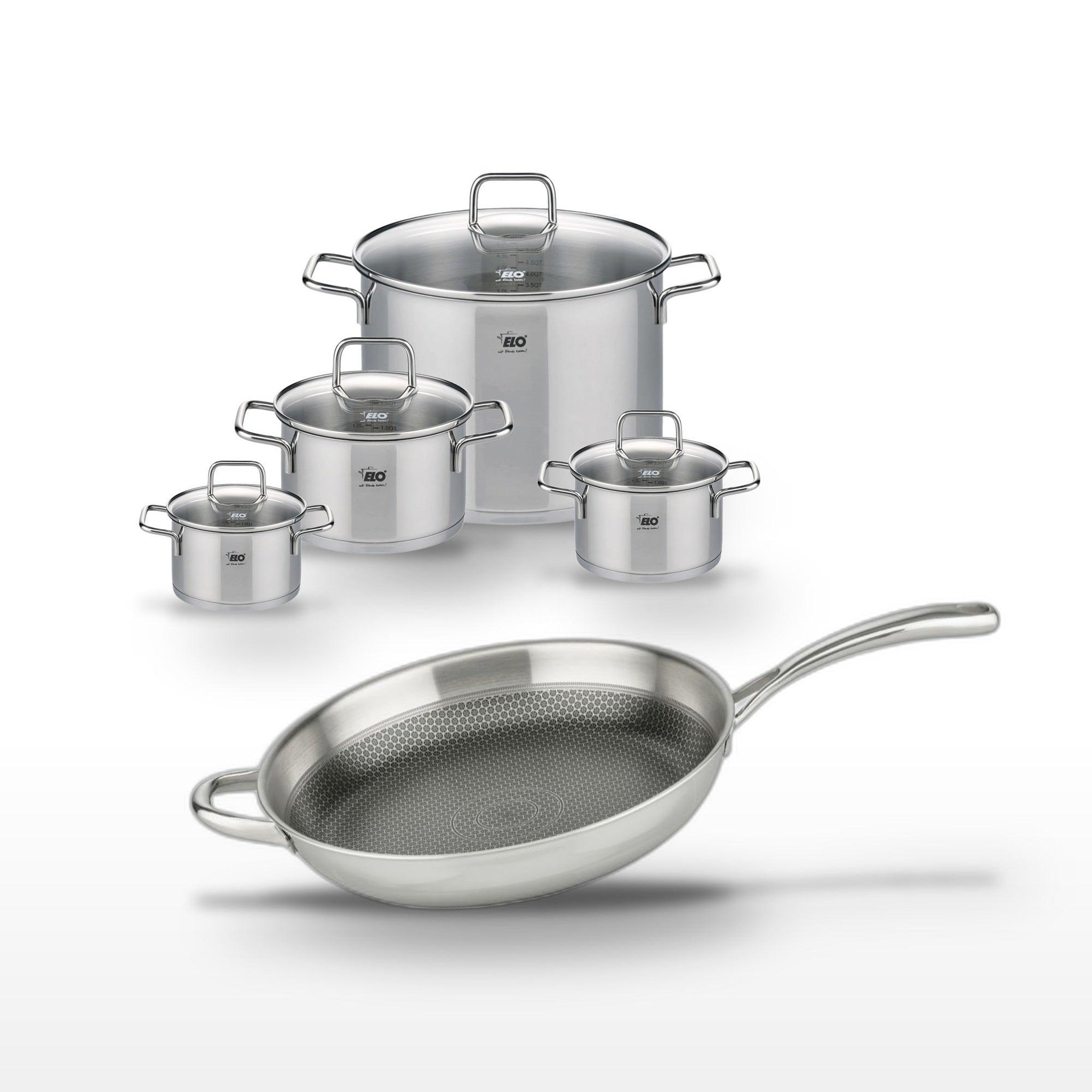 ELO Lot de 4 faitouts en inox elo relief evolution avec poêle 32cm