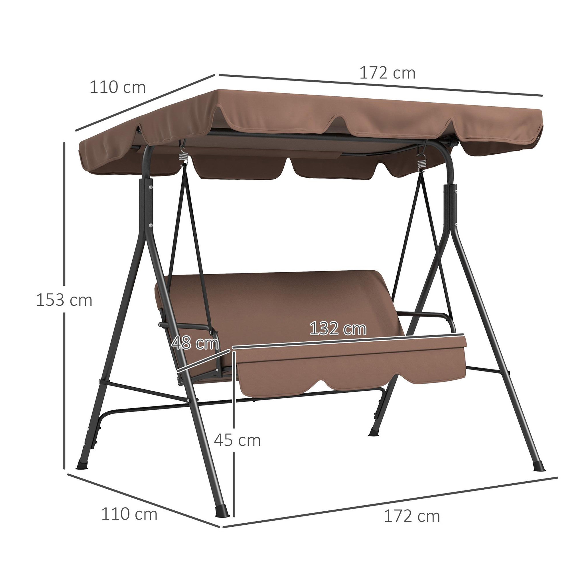 Voir la diapositive 3 : OUTSUNNY Balancelle de jardin 3 places toit réglable coussins assise dossier acier polyester marron