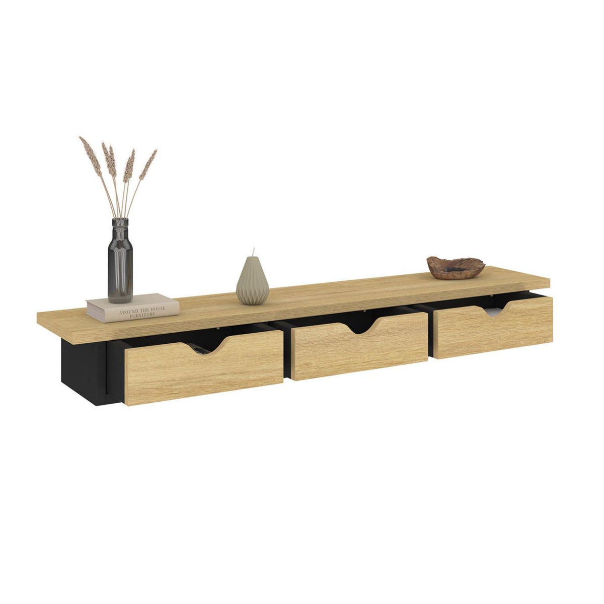 ID MARKET Etagère murale console d'entrée LISE 3 tiroirs effet bois et noir