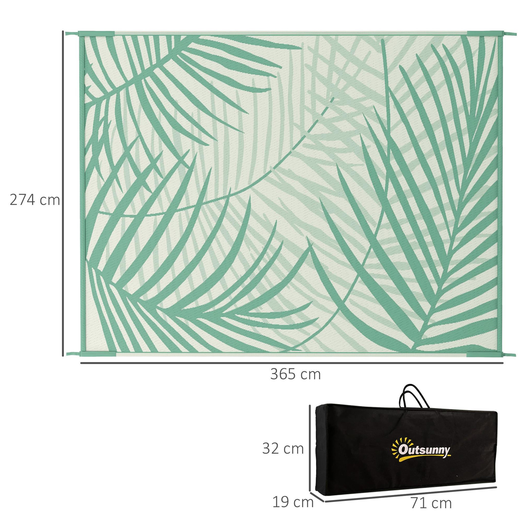 Voir la diapositive 3 : OUTSUNNY Tapis d'extérieur réversible imperméable dim. 365L x 274l cm motif feuillage sac transport motif feuillage PP vert crème