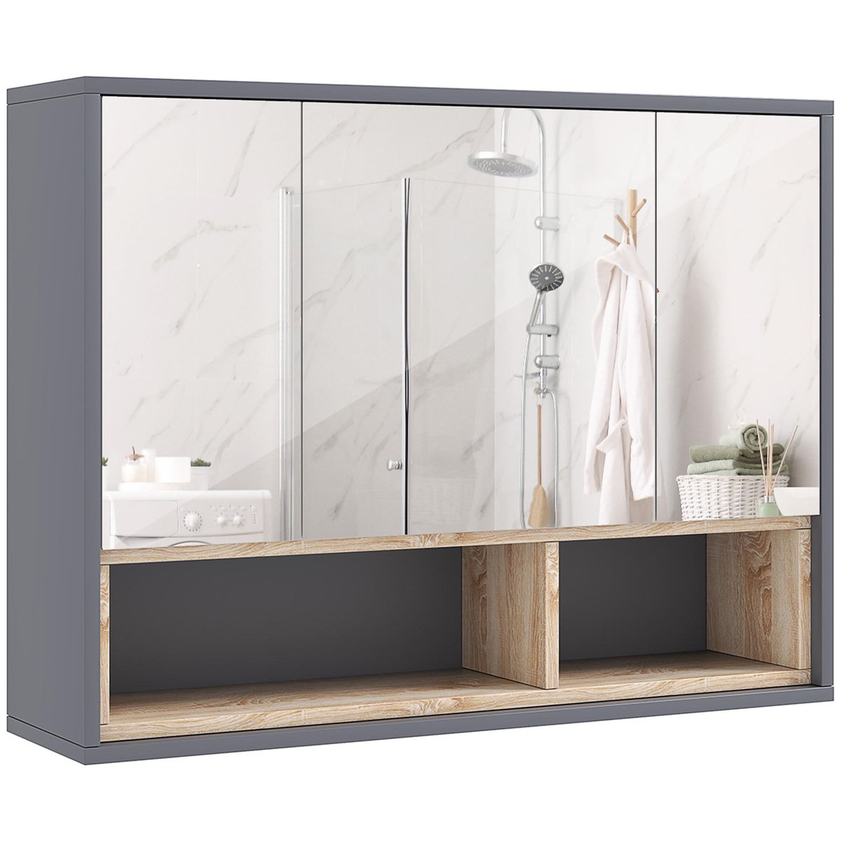 HOMCOM Armoire miroir de salle de bain - 3 portes, 3 étagères, 2 niches - dim. 80 x 20 x 60 cm - gris effet bois clair naturel