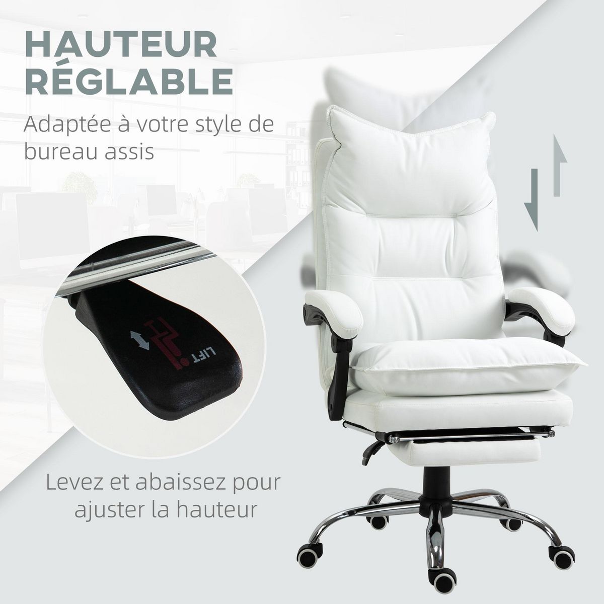VINSETTO Fauteuil de bureau direction hauteur réglable dossier inclinable repose-pied intégré revêtement synthétique blanc