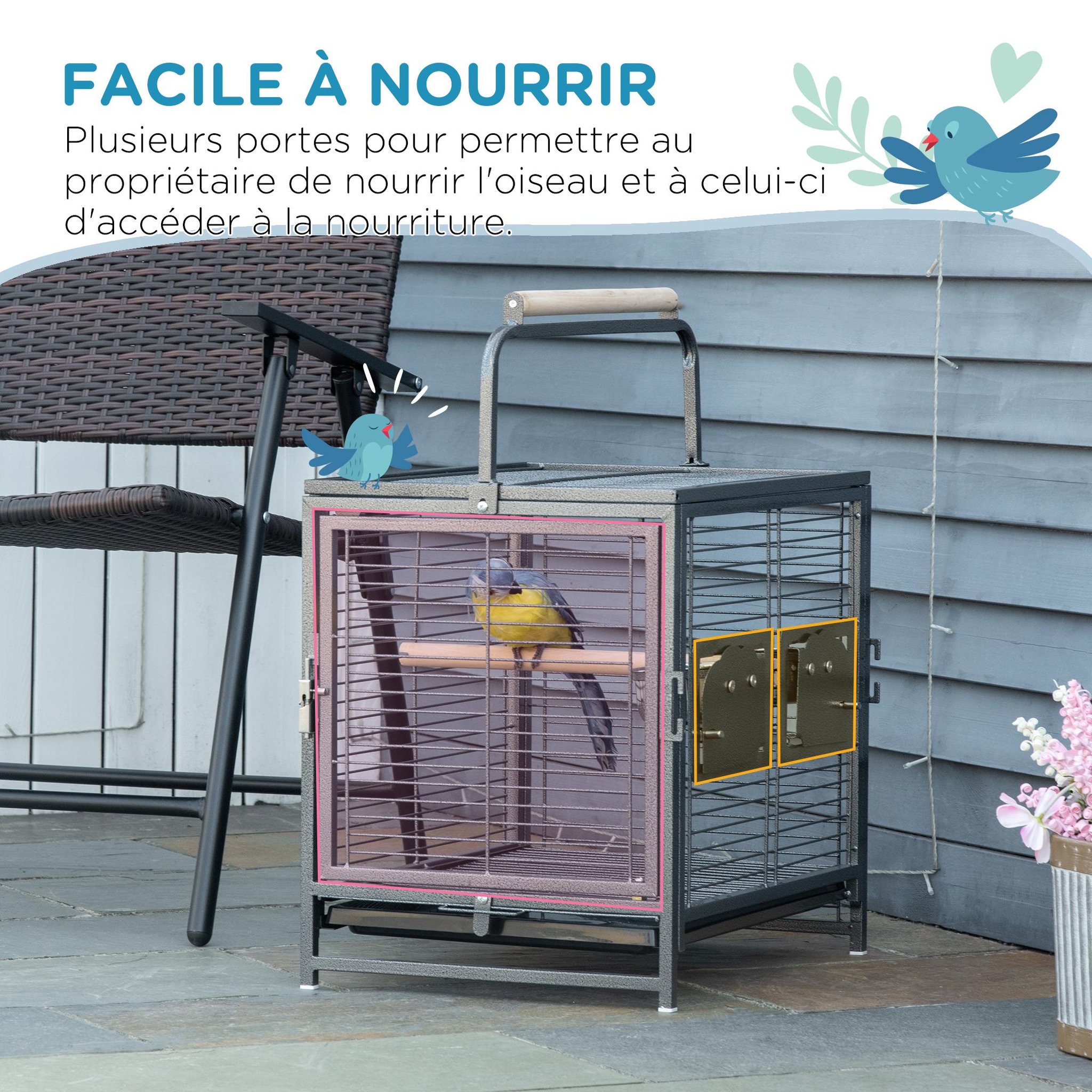 Voir la diapositive 5 : PAWHUT Cage de transport oiseau - cage de transport pour perroquet - porte, 2 trappes de nourrissage - acier gris moucheté