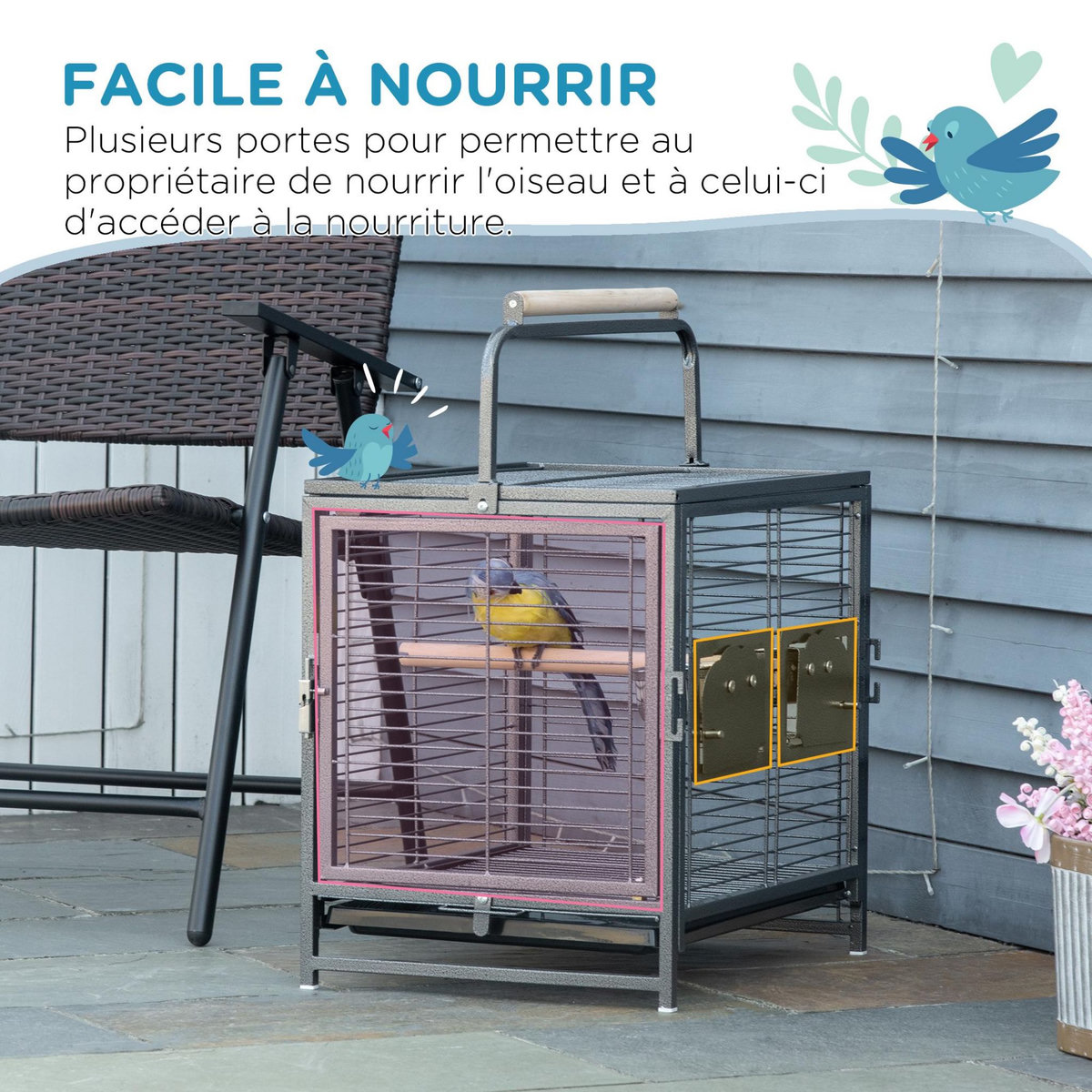 PAWHUT Cage de transport oiseau - cage de transport pour perroquet - porte, 2 trappes de nourrissage - acier gris moucheté