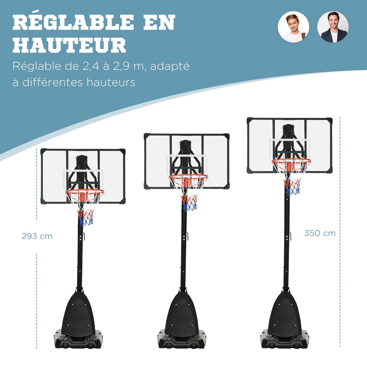 HOMCOM Panier de basket-ball sur pied avec base de lestage sur roulettes hauteur réglable 2,93-3,5 m acier PC noir