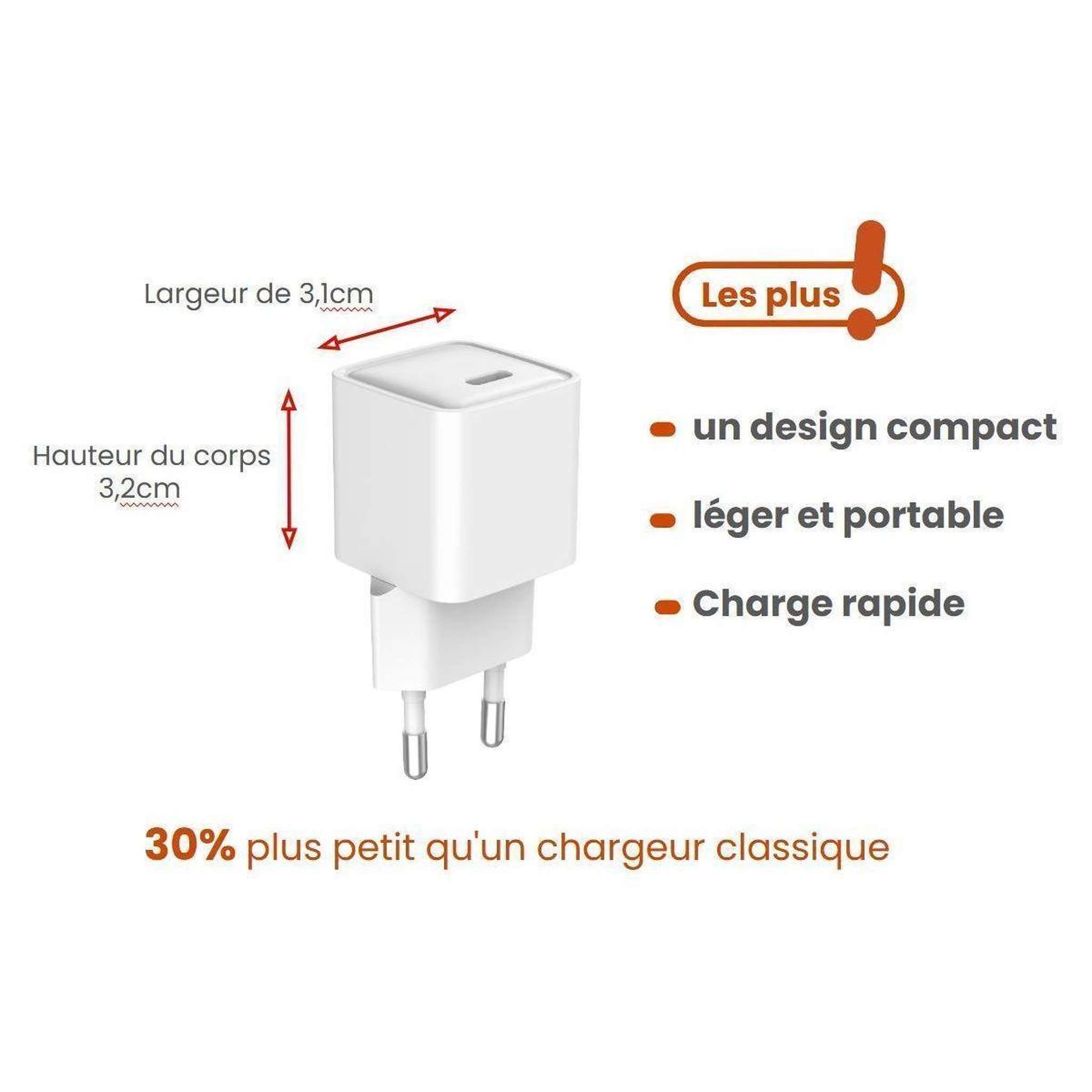 Voir la diapositive 2 : ESSENTIEL B Chargeur 30w charge rapide + gan usb-c blanc