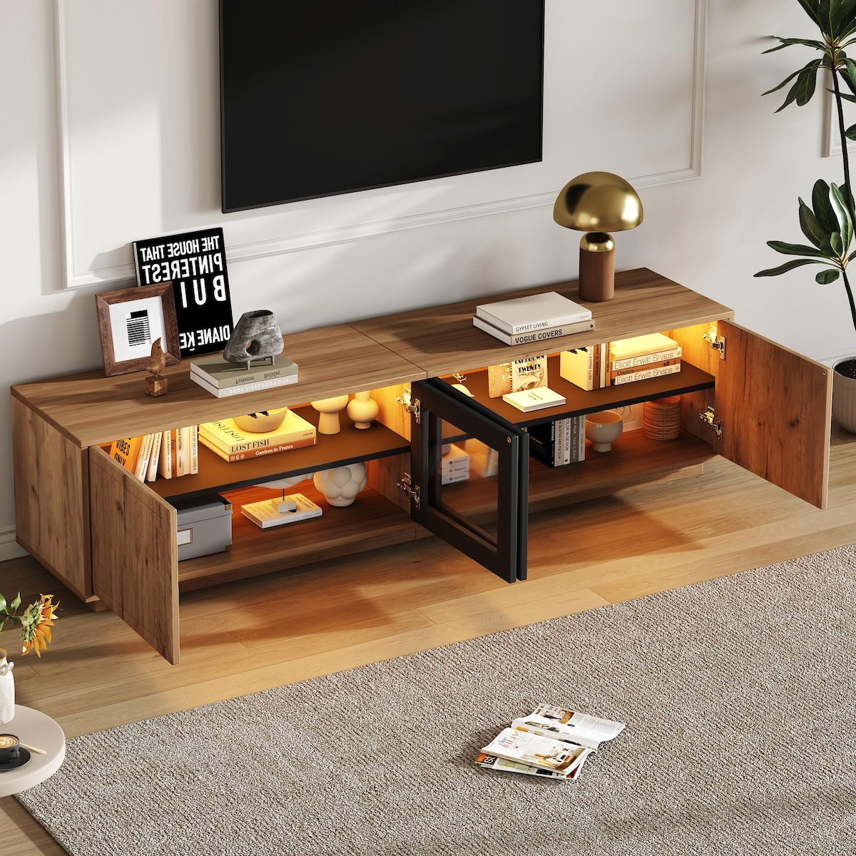 MERAX Meuble tv naturel 180 cm led panneau de particules