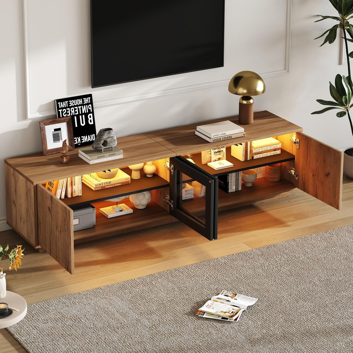 MERAX Meuble tv naturel 180 cm led panneau de particules