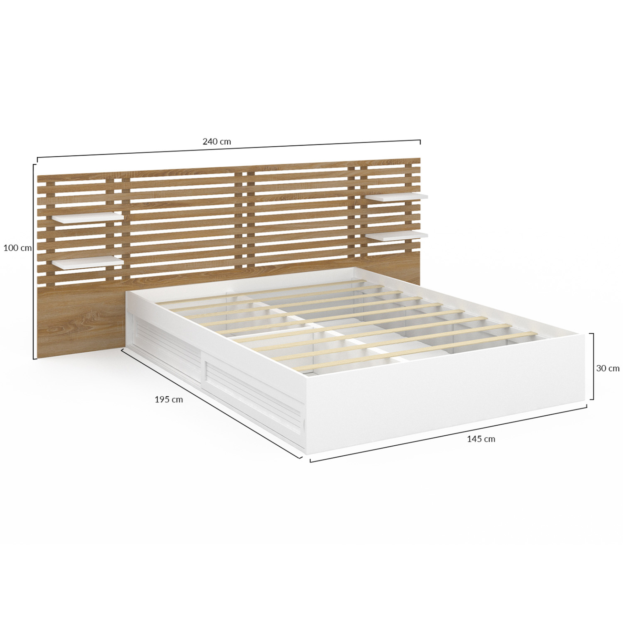 Voir la diapositive 5 : ID MARKET Lit double savana avec tête de lit, chevets, rangements et sommier 140 x 190 cm blanc et façon hêtre