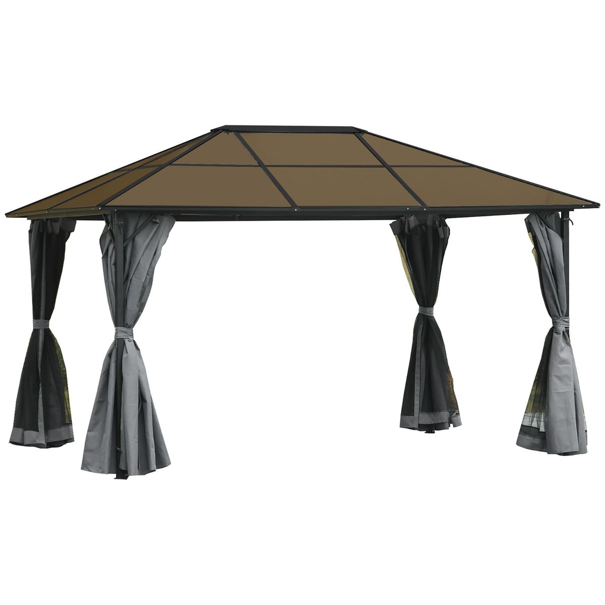 OUTSUNNY Pavillon de jardin tonnelle rigide dim. 4L x 3l x 2,65H m 4 parois latérales anti-UV gris 4 moustiquaires zippées alu. métal polycarbonate noir brun