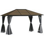 OUTSUNNY Pavillon de jardin tonnelle rigide dim. 4L x 3l x 2,65H m 4 parois latérales anti-UV gris 4 moustiquaires zippées alu. métal polycarbonate noir brun