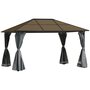 Voir la diapositive 1 : OUTSUNNY Pavillon de jardin tonnelle rigide dim. 4L x 3l x 2,65H m 4 parois latérales anti-UV gris 4 moustiquaires zippées alu. métal polycarbonate noir brun